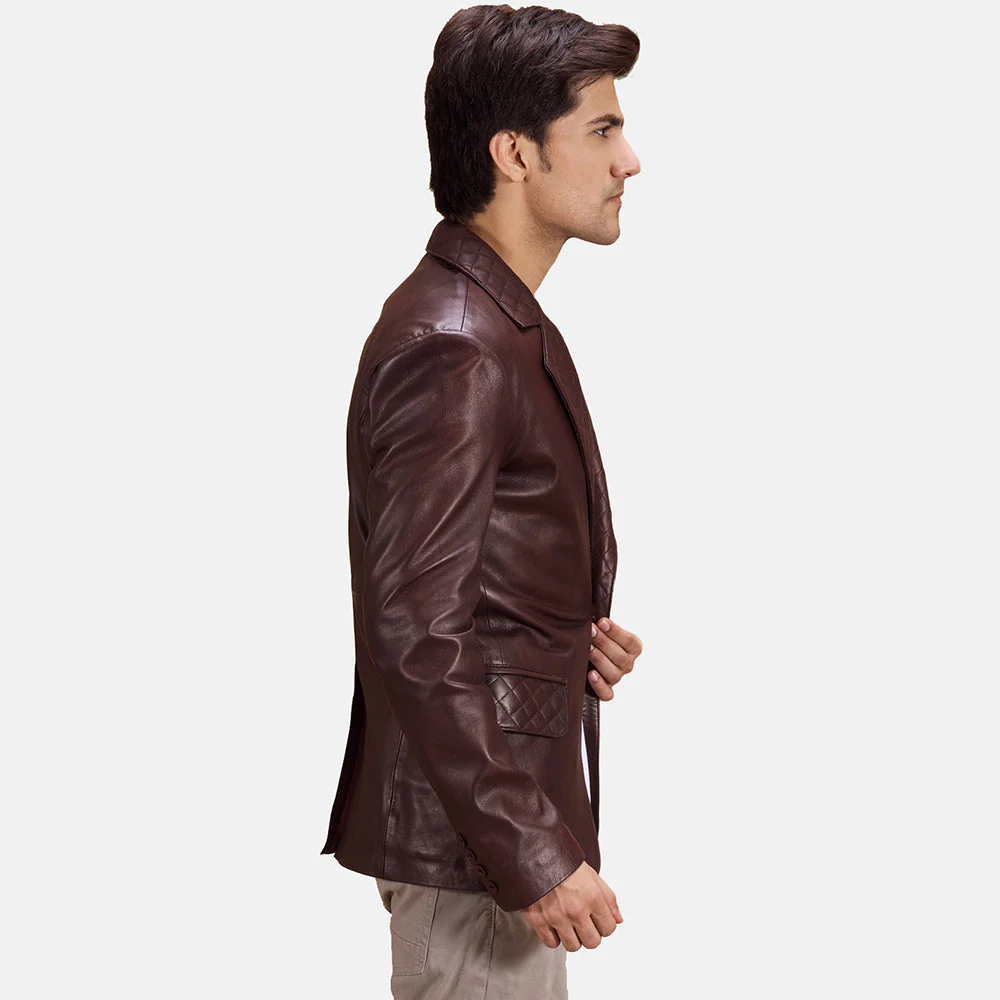Radaron Men’s Quilted Maroon Leather Blazer | Bold, Luxe & Modern Elegance