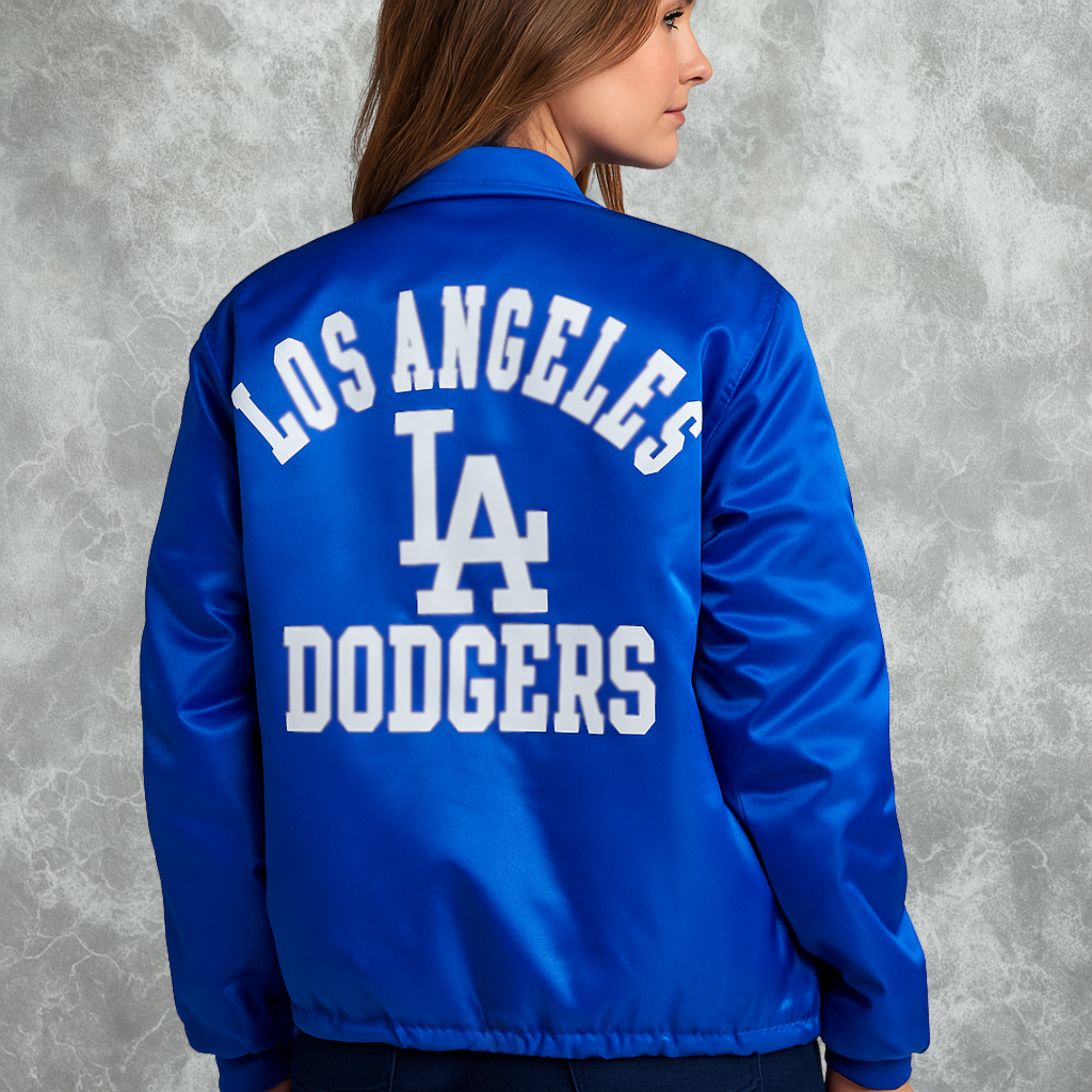 LA Dodgers Inspired Vintage Logo Royal Lightweight Satin Jacket For Women