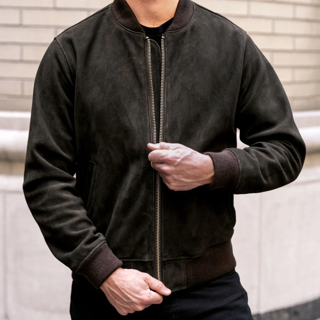 Men’s Dark Olive Suede Bomber Jacket | Timeless Style, Modern Fit
