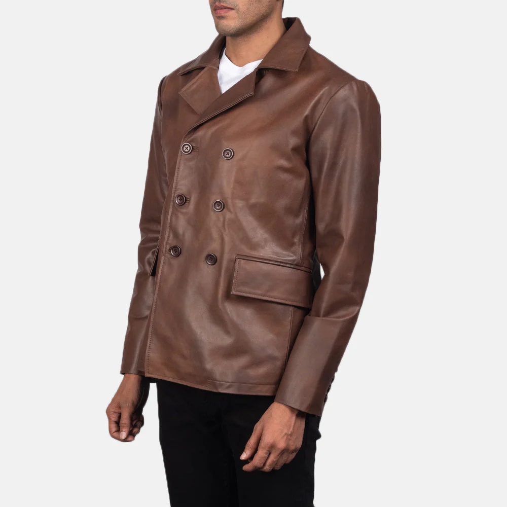 Men’s Brown Leather Naval Peacoat | Classic, Bold & Timeless