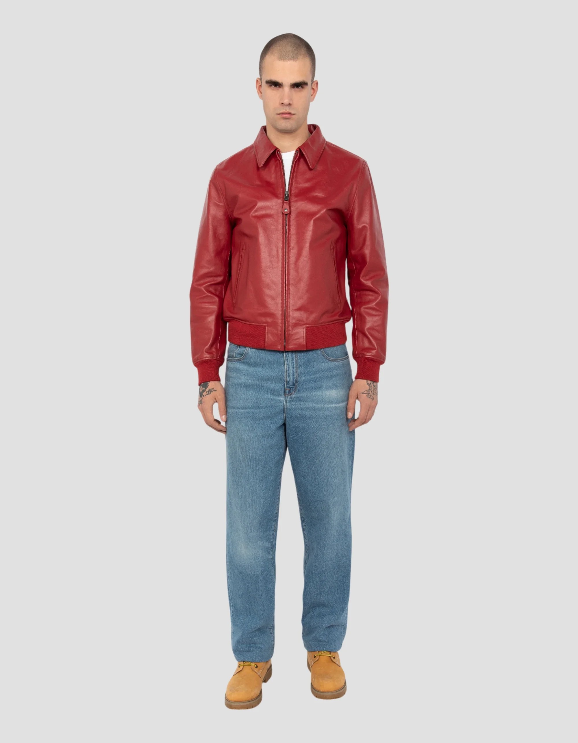 Light Red Cowhide Casual Leather Jacket
