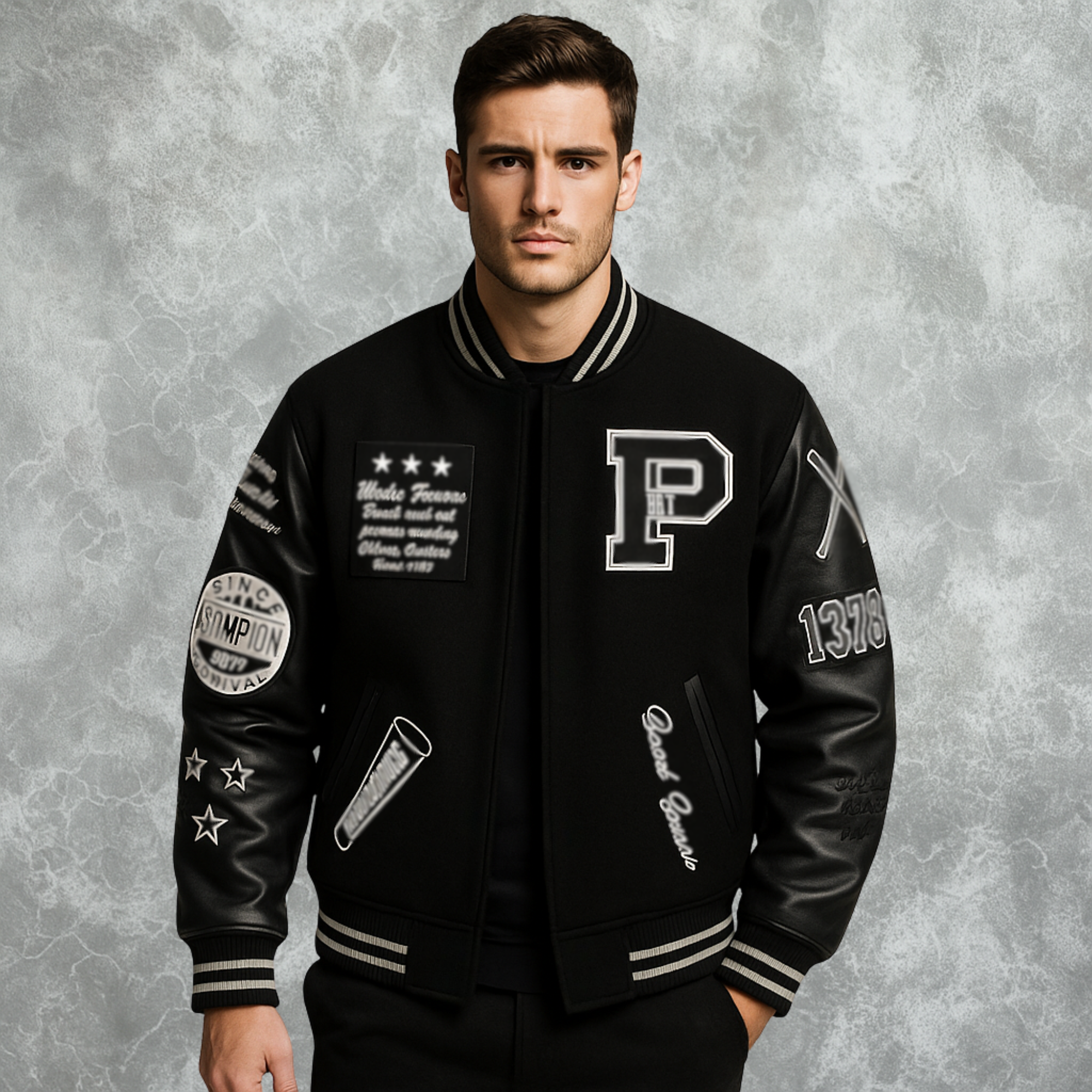 Black Pelle Pelle World Famous Inspired Varsity Jacket For Men