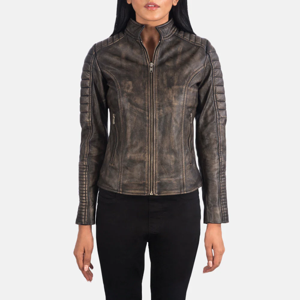 Adalyn Distressed Brown Quilted Biker Jacket