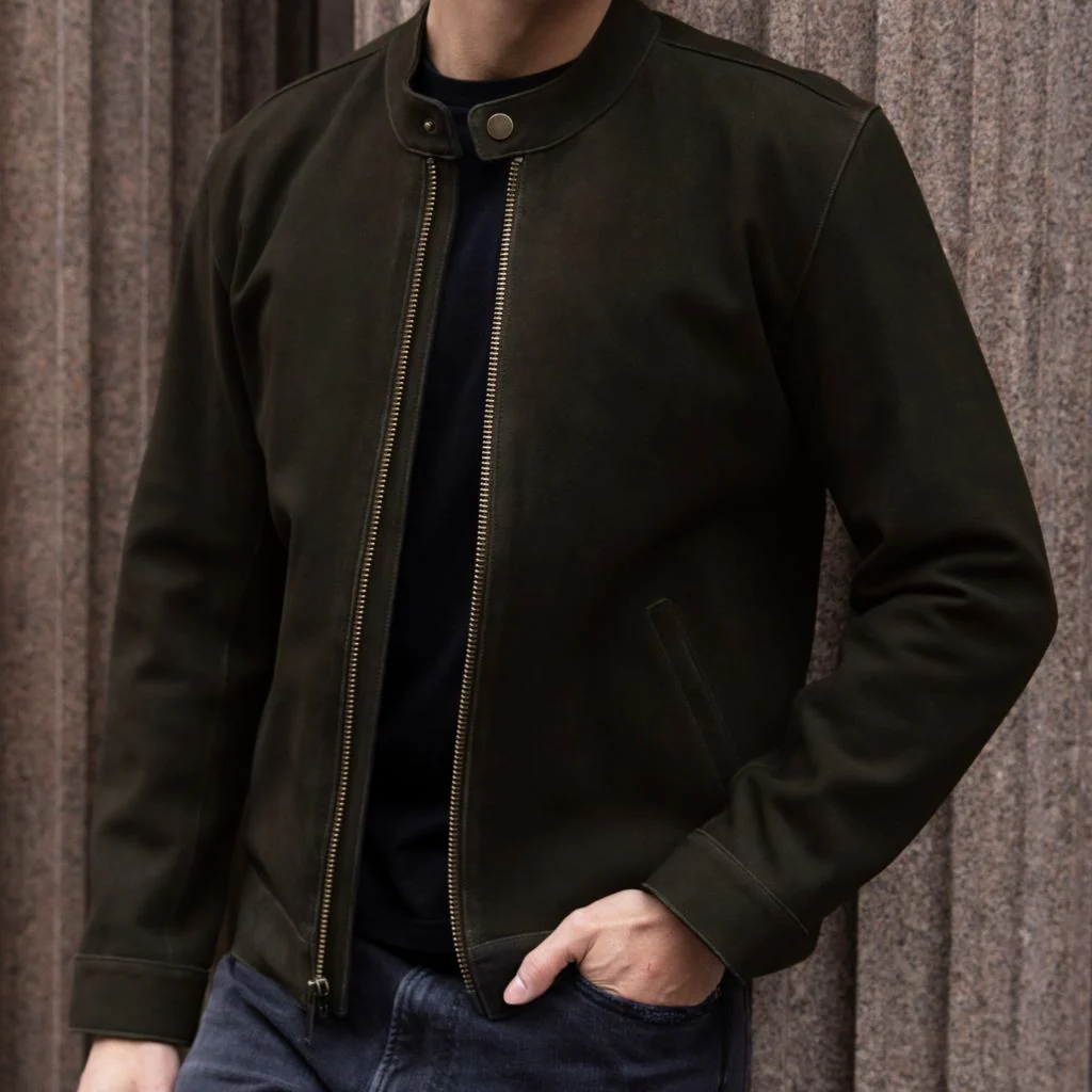 Men’s Dark Olive Suede Leather Racer Jacket | Sleek, Premium & Timeless