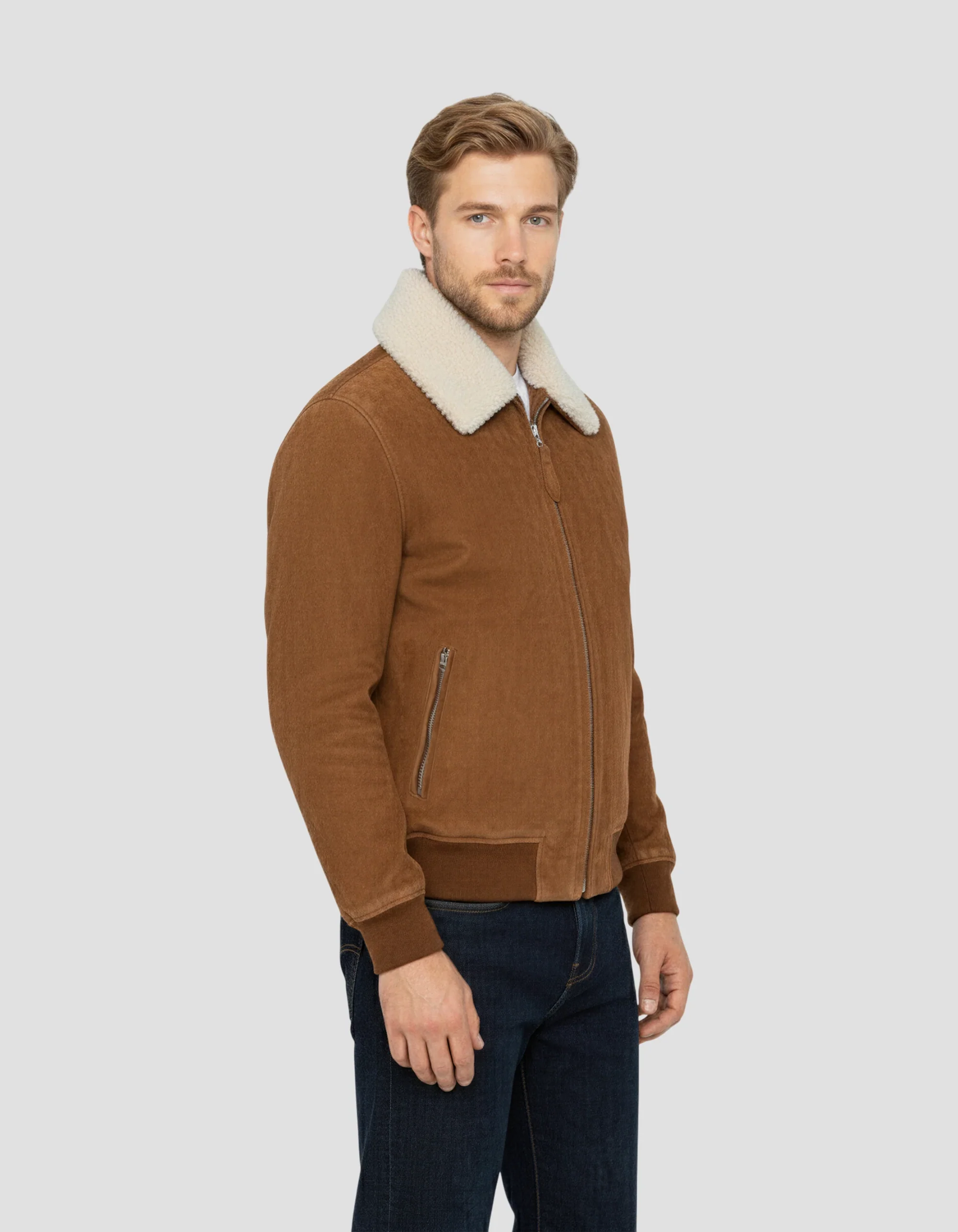 Rust Velvet Goat Leather Jacket with Removable Shearling Collar