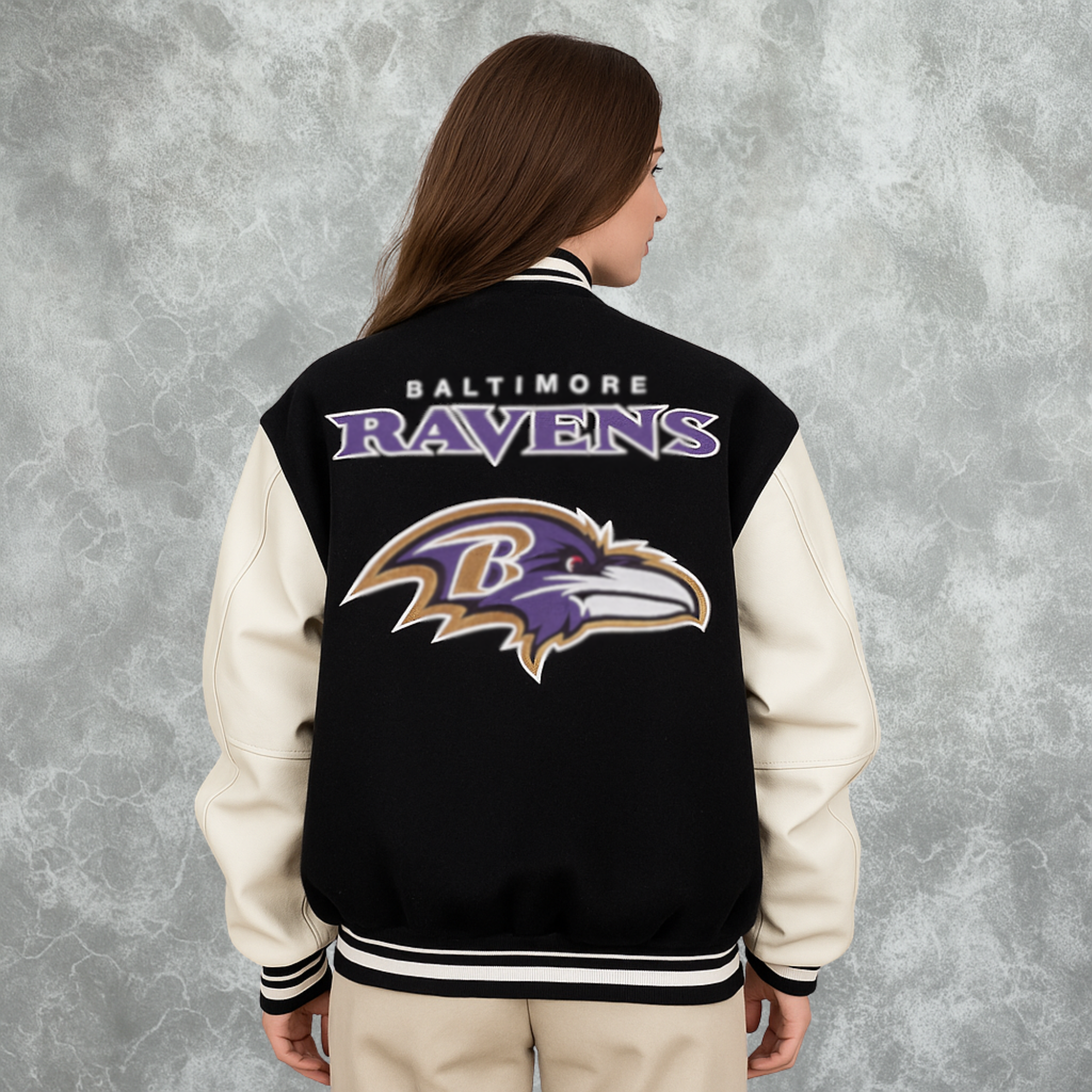 Baltimore Ravens Inspired Black and White Varsity Jacket For Women