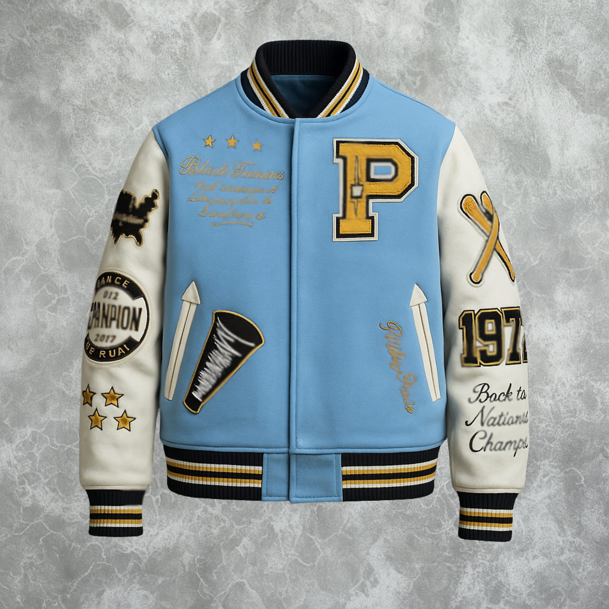 Blue and White Pelle Pelle World Famous Inspired Varsity Jacket For Men