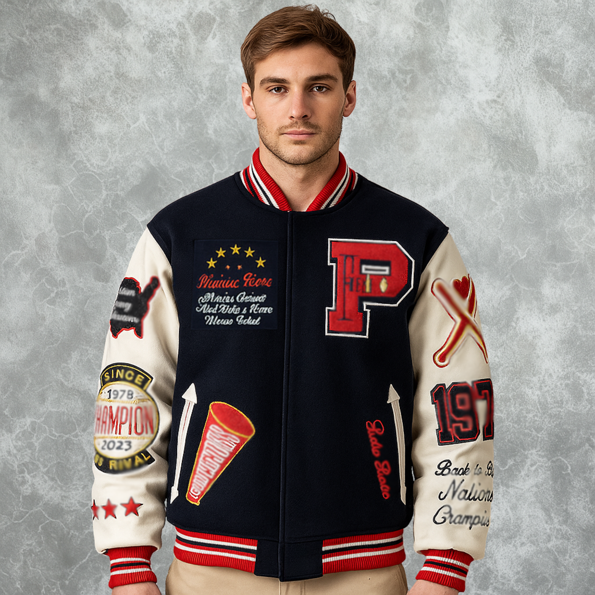 Navy Blue And White Pelle Pelle World Famous Inspired Varsity Jacket For Men