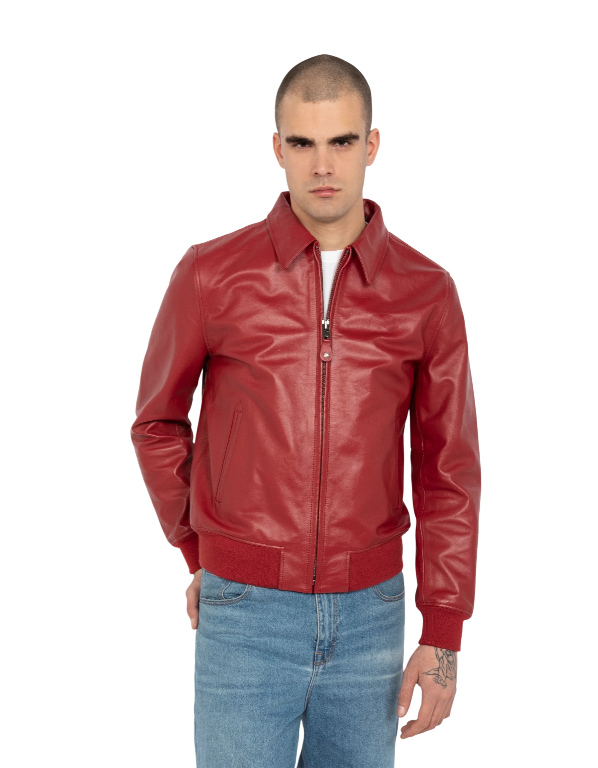 Light Red Cowhide Casual Leather Jacket
