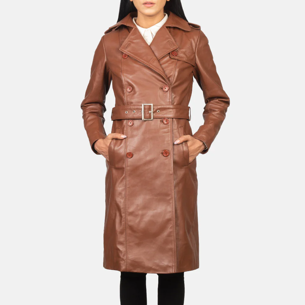 Women’s Brown Real Leather Double-Breasted Coat | Elegant, Bold & Timeless