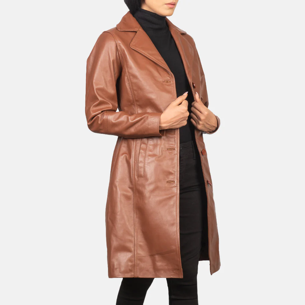 Women’s Brown Real Leather Single-Breasted Coat | Timeless, Elegant & Refined