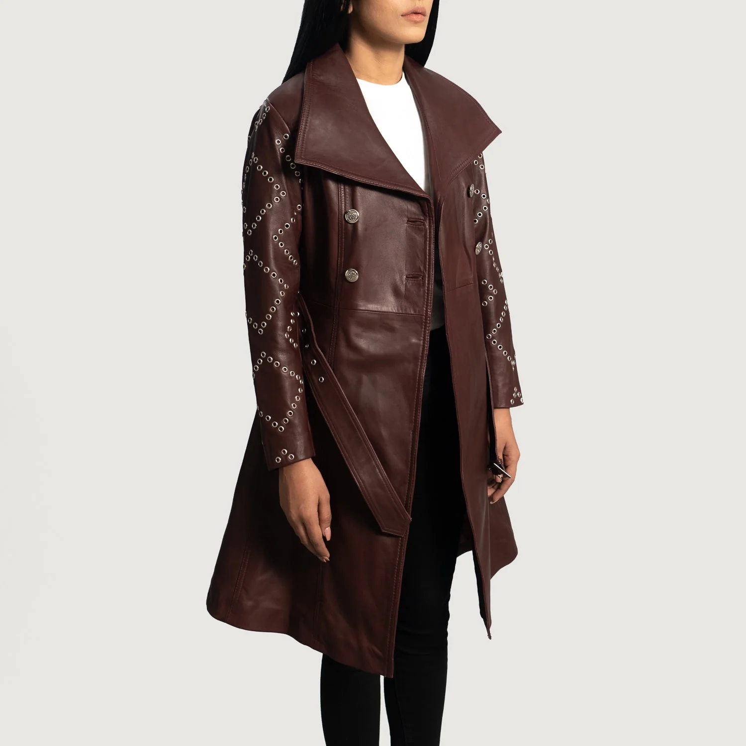 Women’s Maroon Real Leather Trench Coat | Bold, Elegant & Timeless