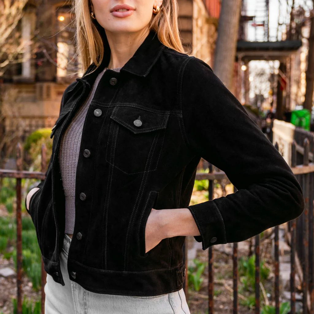 Women’s Black Suede Leather Trucker Jacket | Luxe, Timeless & Versatile