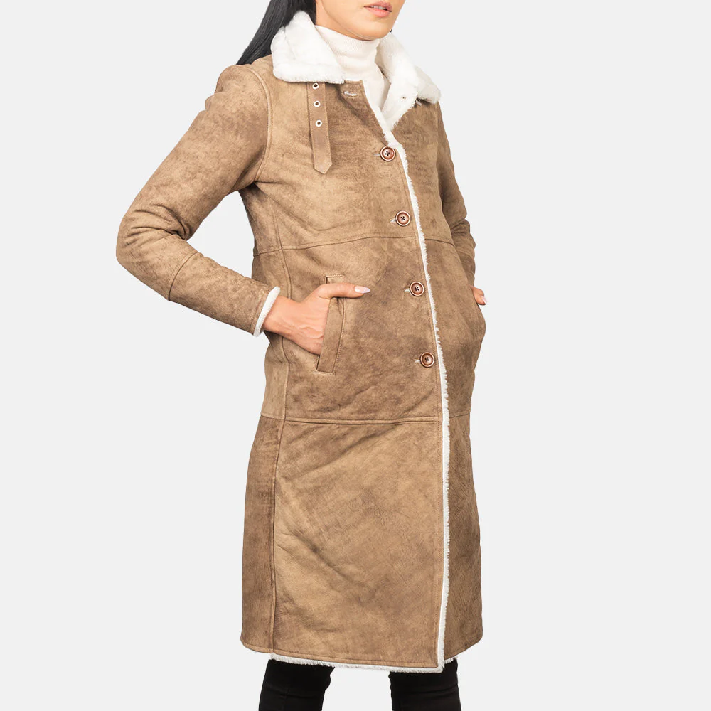 Women’s Shearling Brown Long Real Leather Coat | Luxurious, Warm & Timeless Elegance