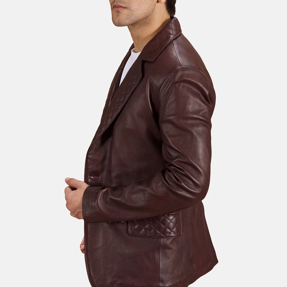 Radaron Men’s Quilted Maroon Leather Blazer | Bold, Luxe & Modern Elegance