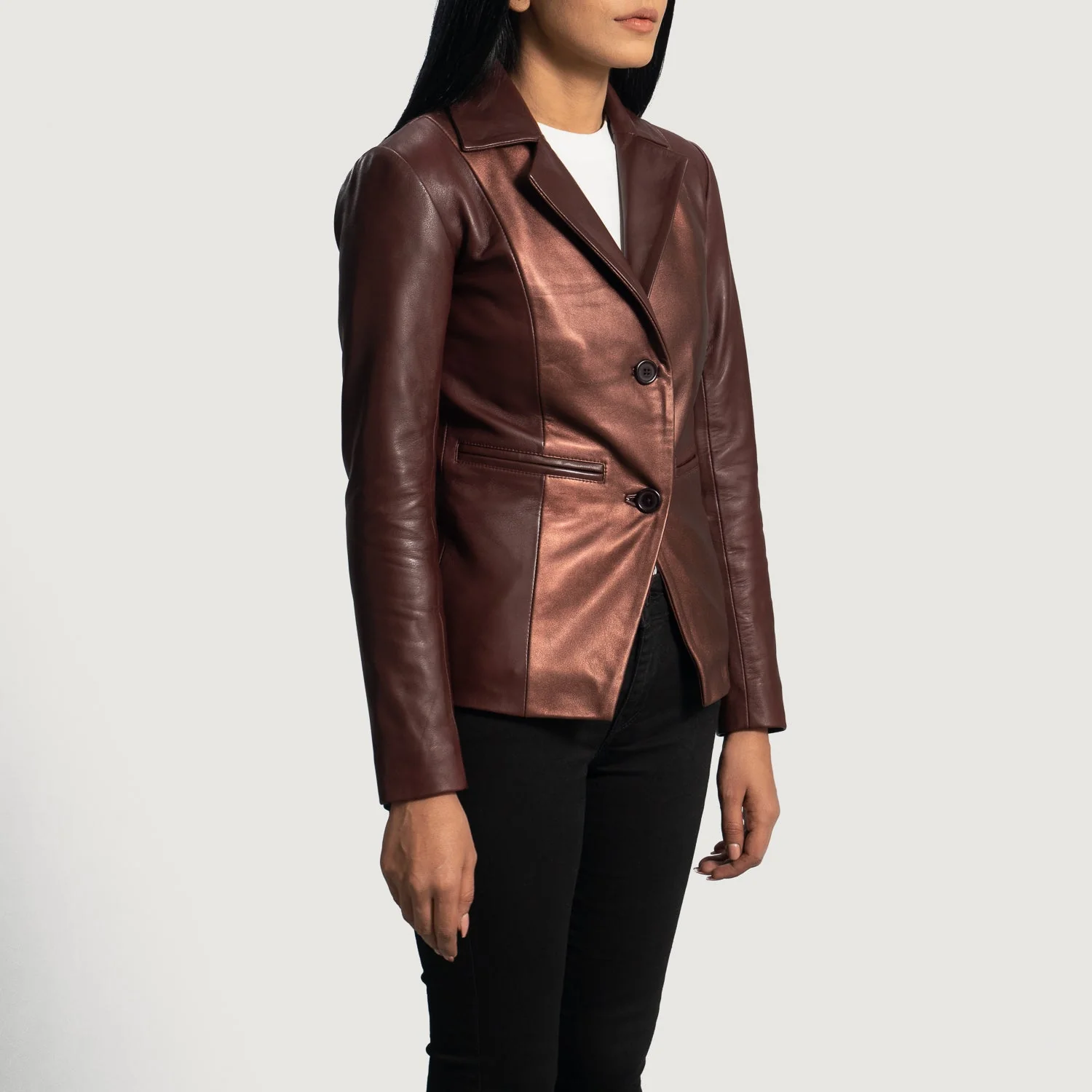 Women’s Metallic Maroon Real Leather Blazer | Bold, Chic & Modern Elegance