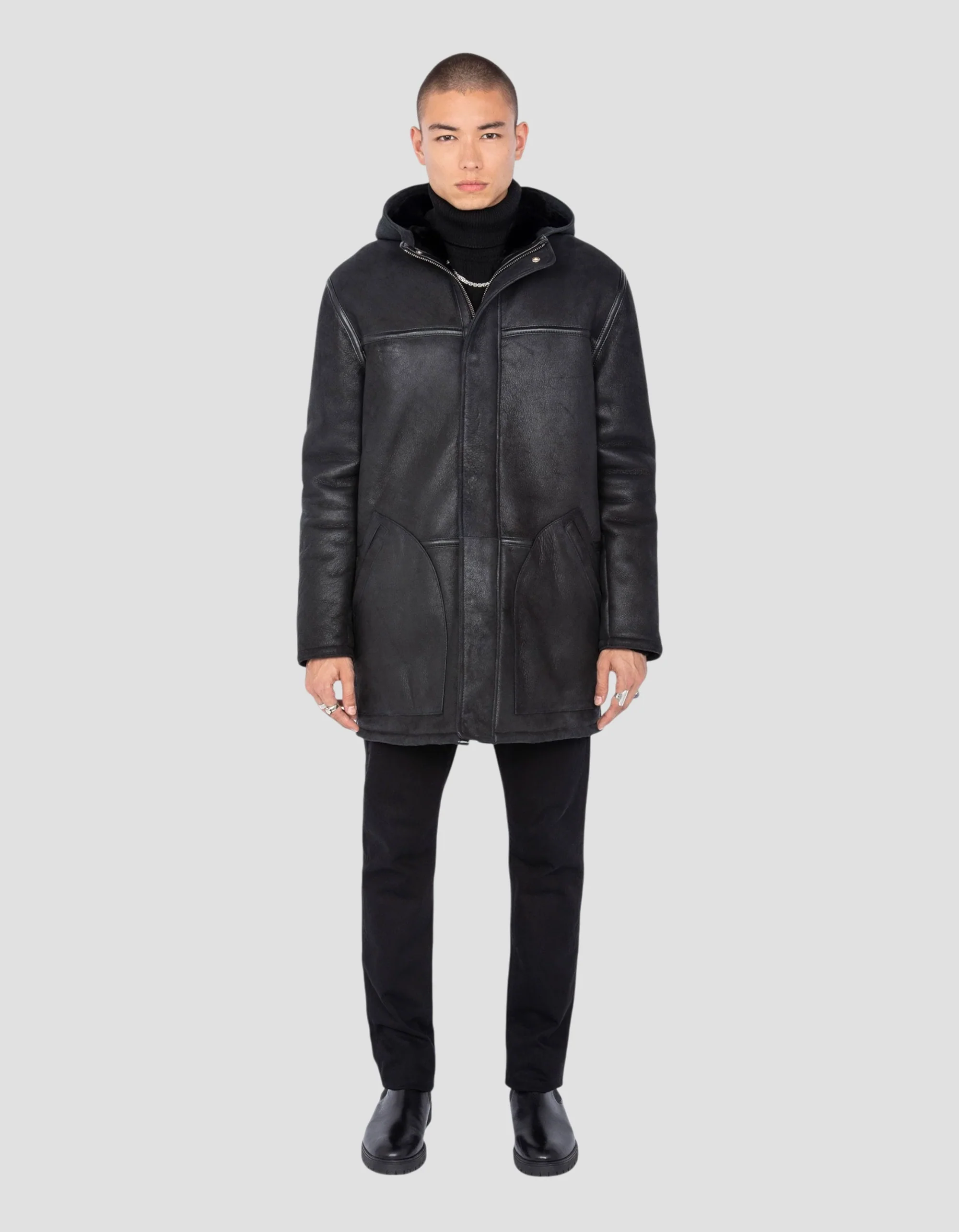 Premium Black Hooded Sheepskin Winter Coat