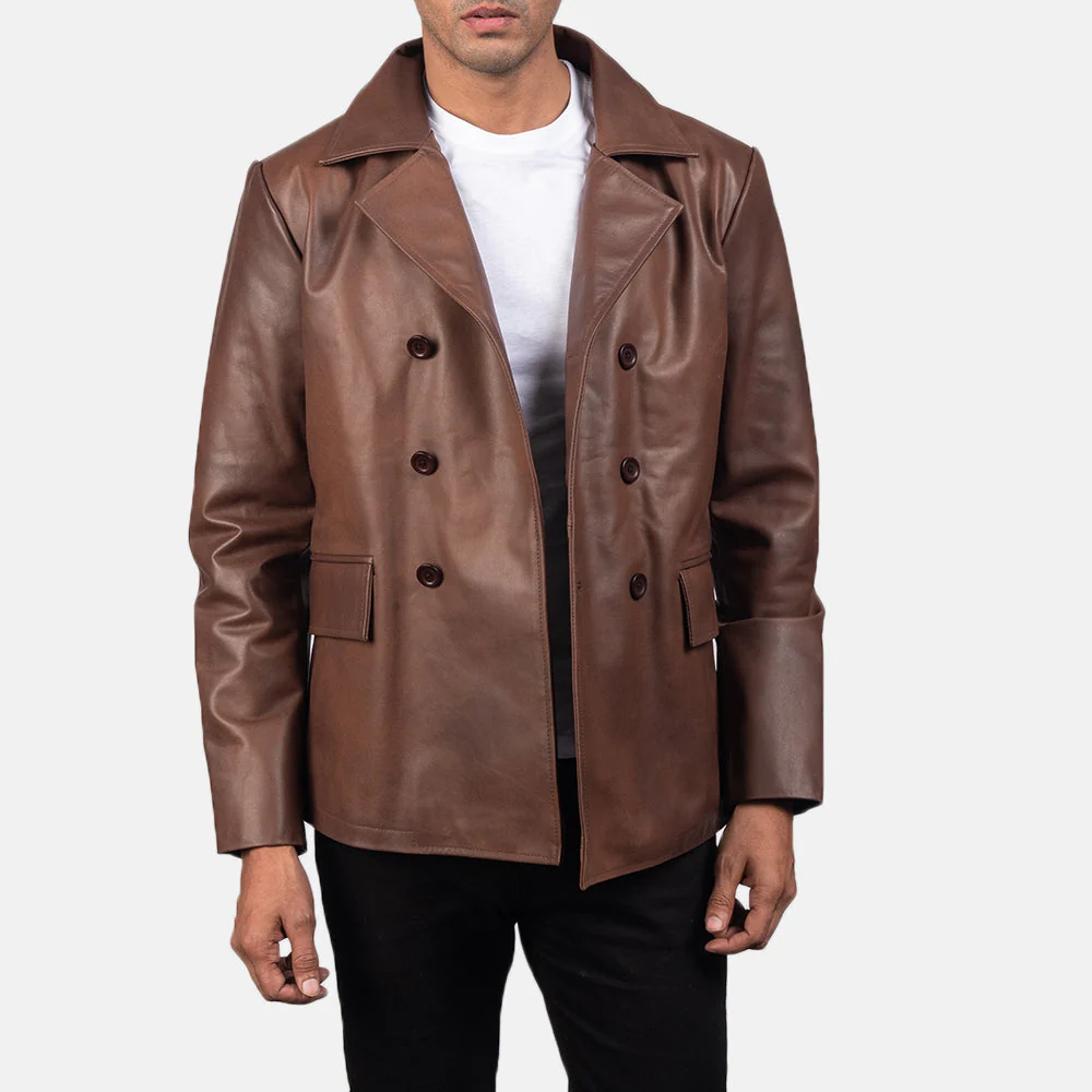 Men’s Brown Leather Naval Peacoat | Classic, Bold & Timeless