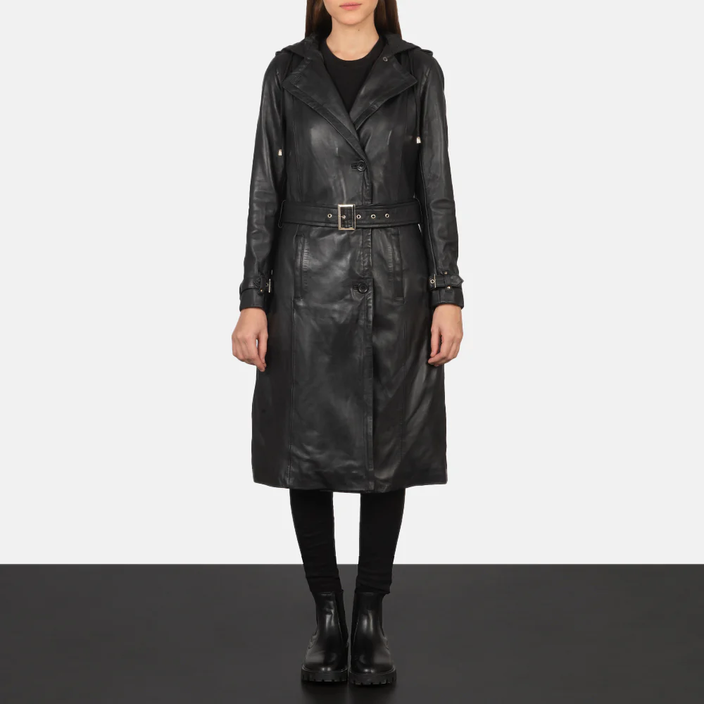 Women’s Hooded Black Real Leather Trench Coat | Chic, Versatile & Timeless