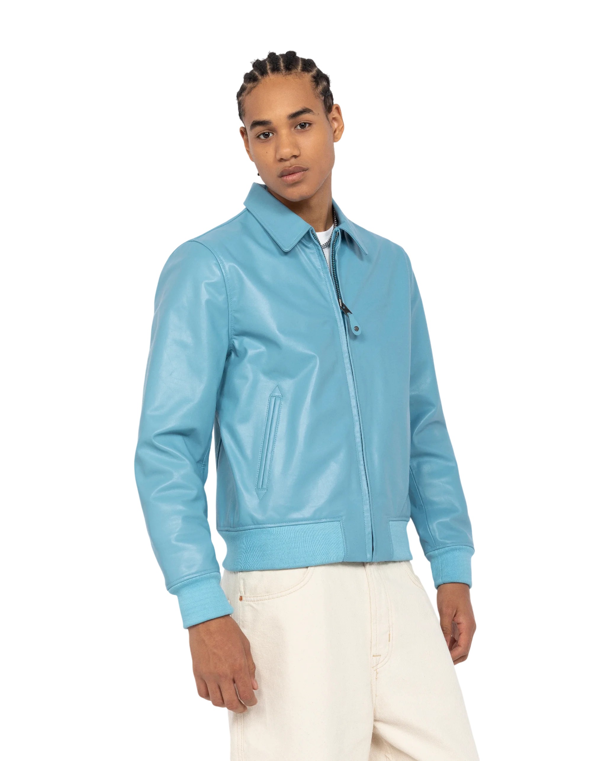 Premium Sky Blue Cowhide Casual Leather Jacket