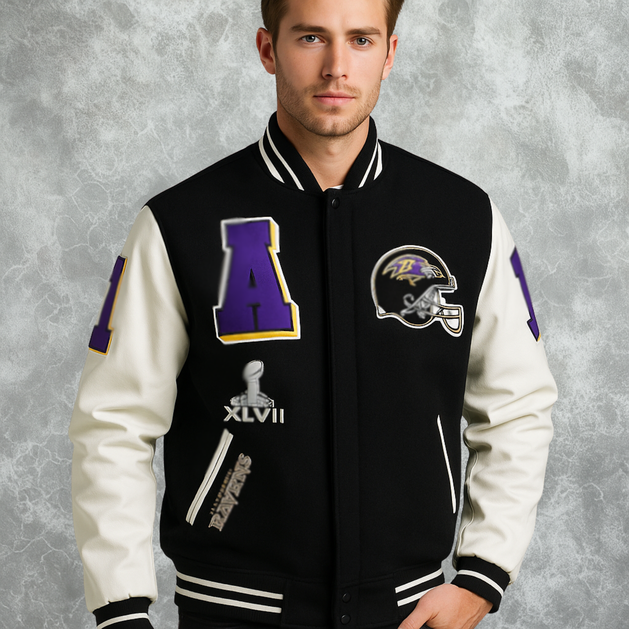 Baltimore Ravens Inspired Black and White Varsity Jacket For Men