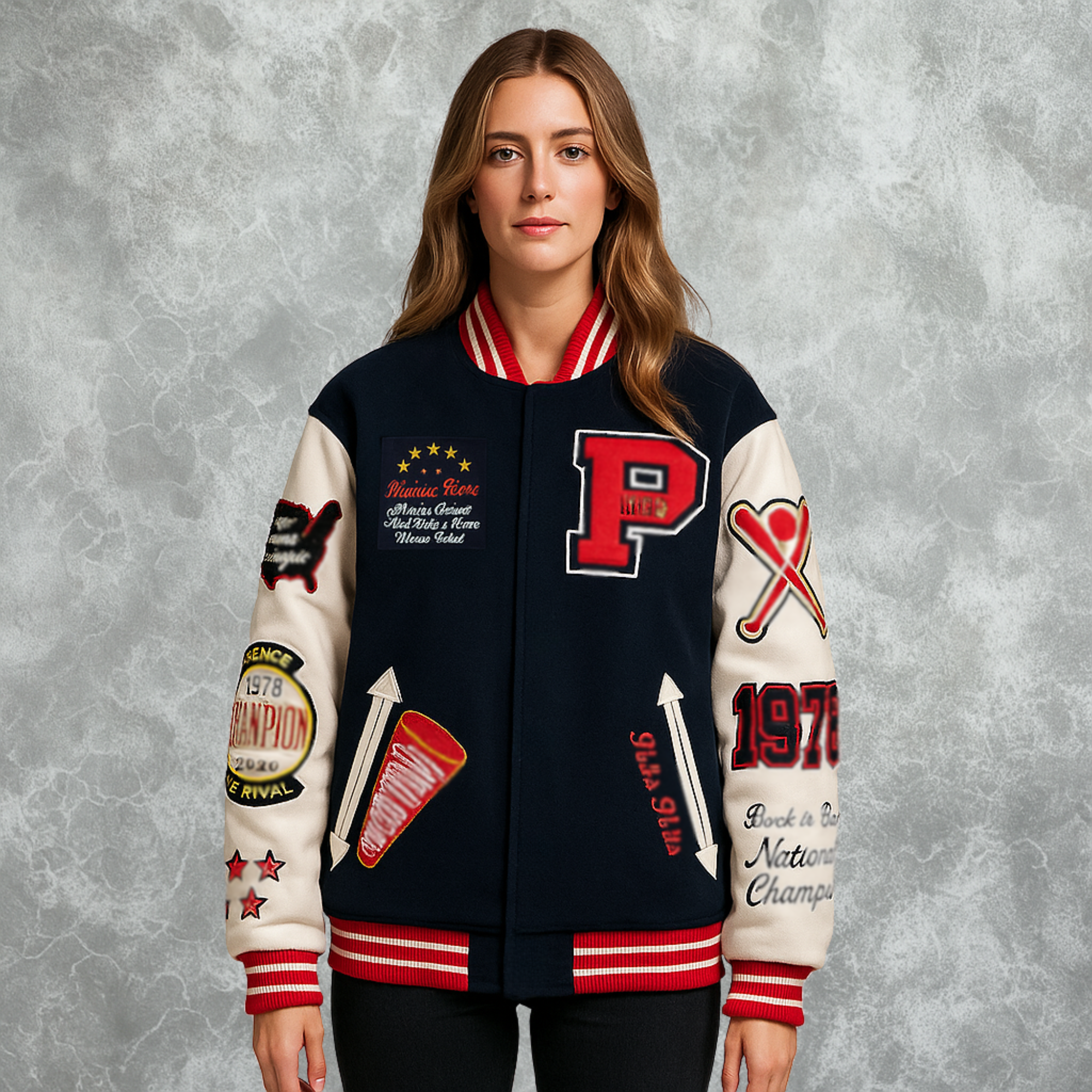 Navy Blue And White Pelle Pelle World Famous Inspired Varsity Jacket For Women