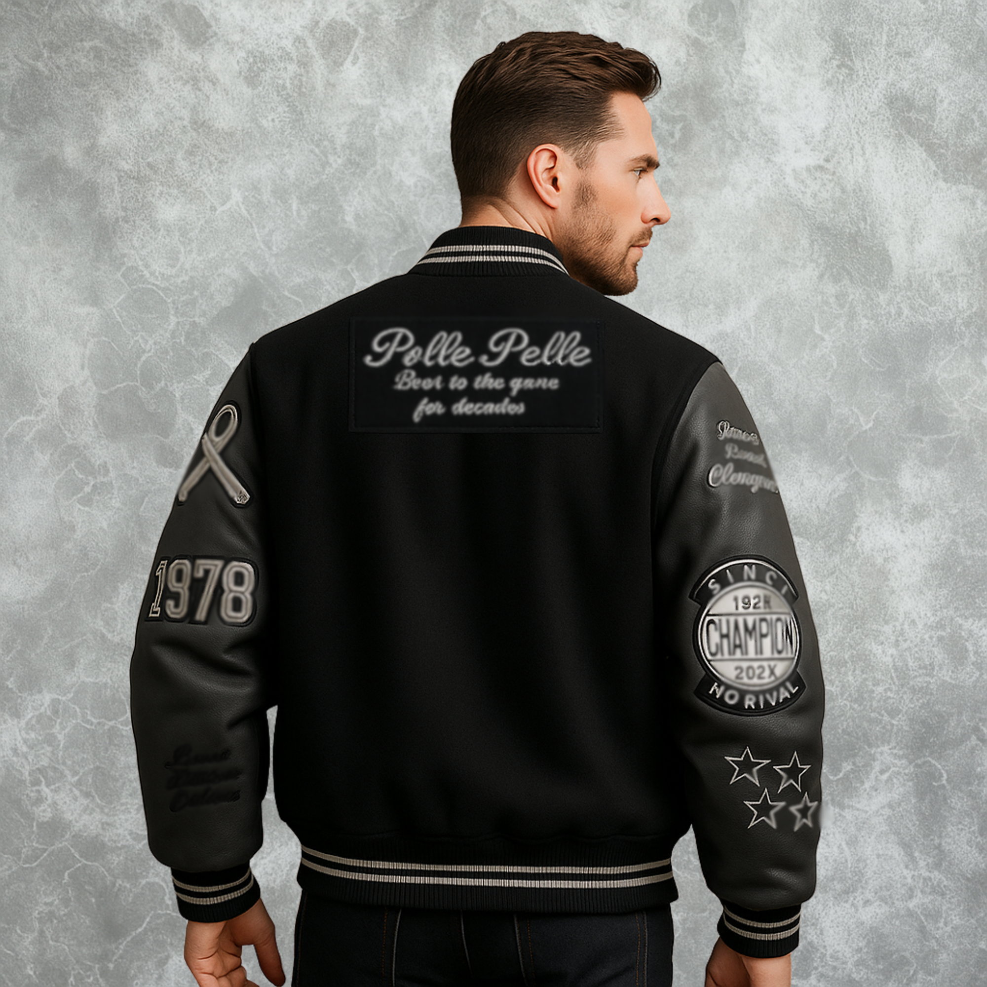 Black Pelle Pelle World Famous Inspired Varsity Jacket For Men