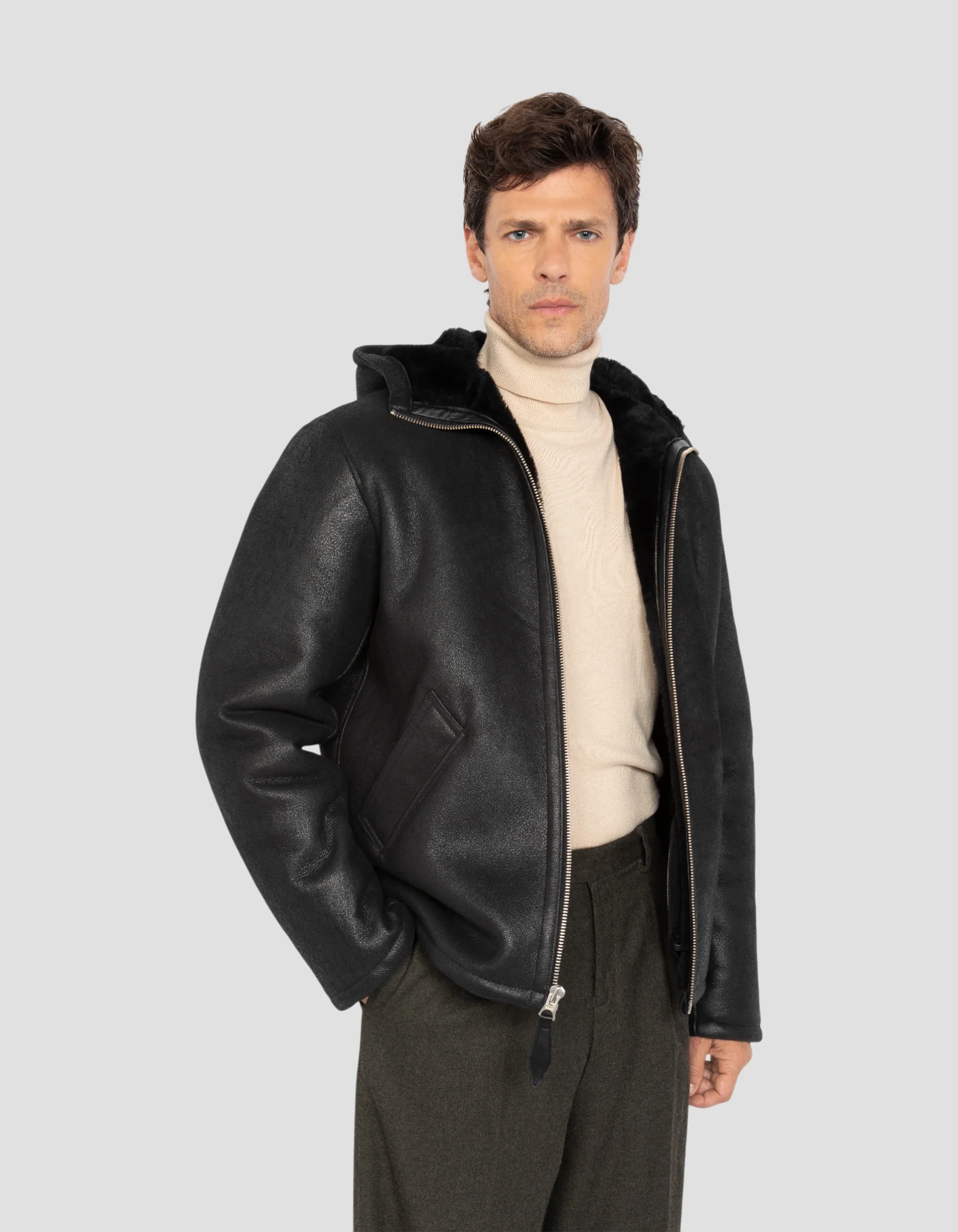 Luxurious Casual Black Hooded Sheepskin Jacket