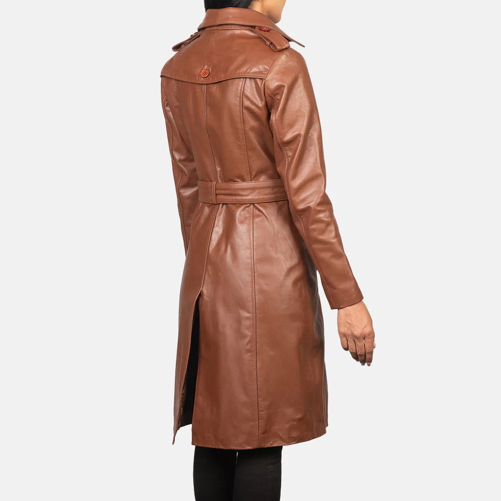 Women’s Brown Real Leather Double-Breasted Coat | Elegant, Bold & Timeless
