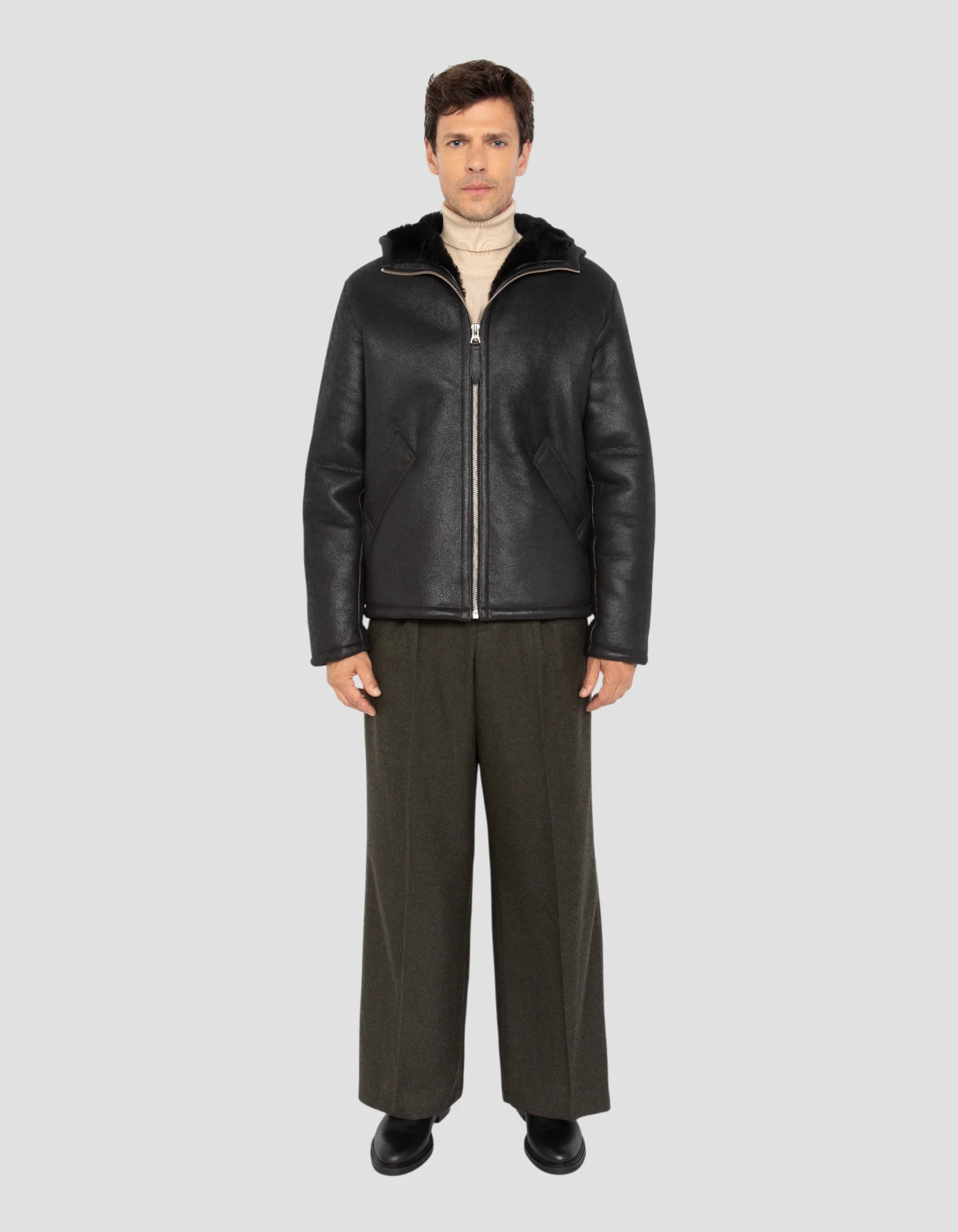 Luxurious Casual Black Hooded Sheepskin Jacket