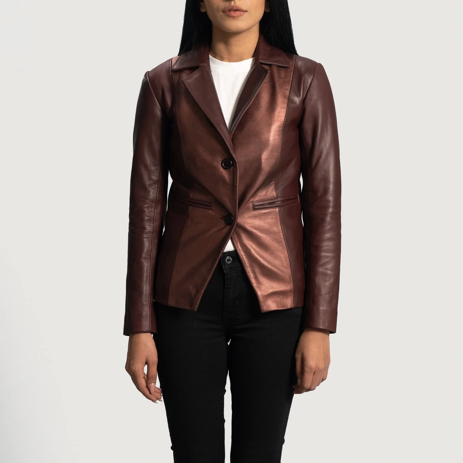 Women’s Metallic Maroon Real Leather Blazer | Bold, Chic & Modern Elegance