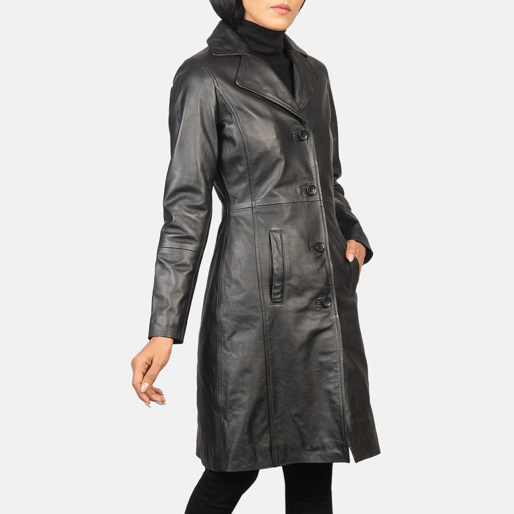 Women’s Black Real Leather Single-Breasted Coat | Sleek, Elegant & Timeless