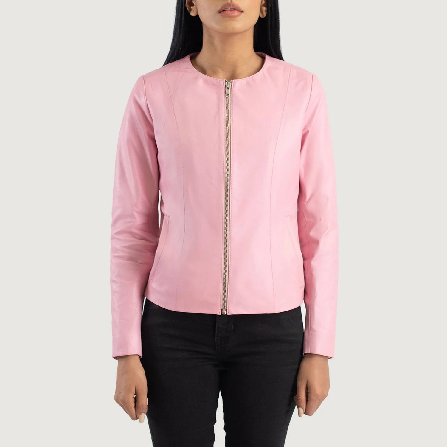 Elixir Ultimate Pink Collarless Women Leather Jacket