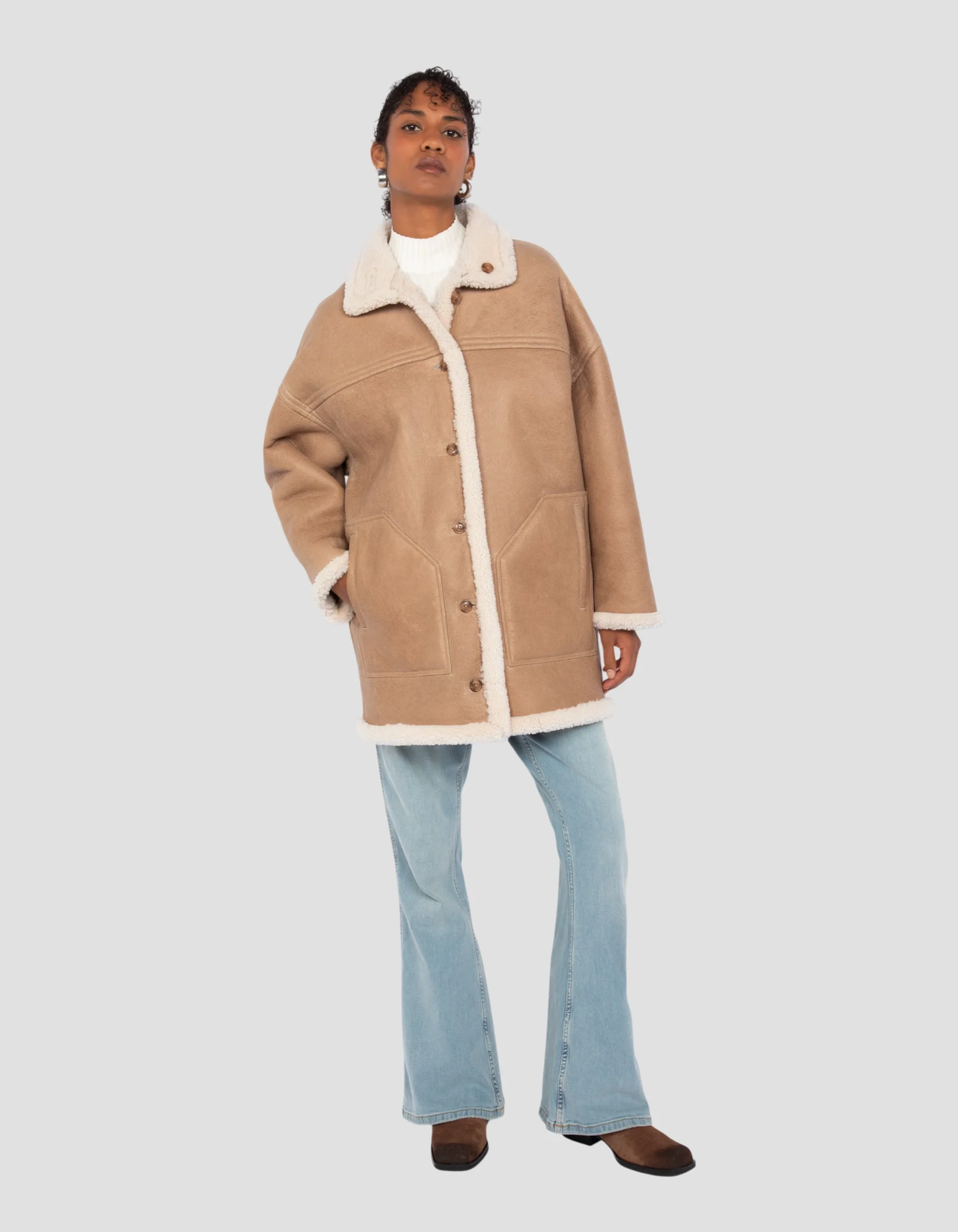 Sand Reversible Shearling Long Coat