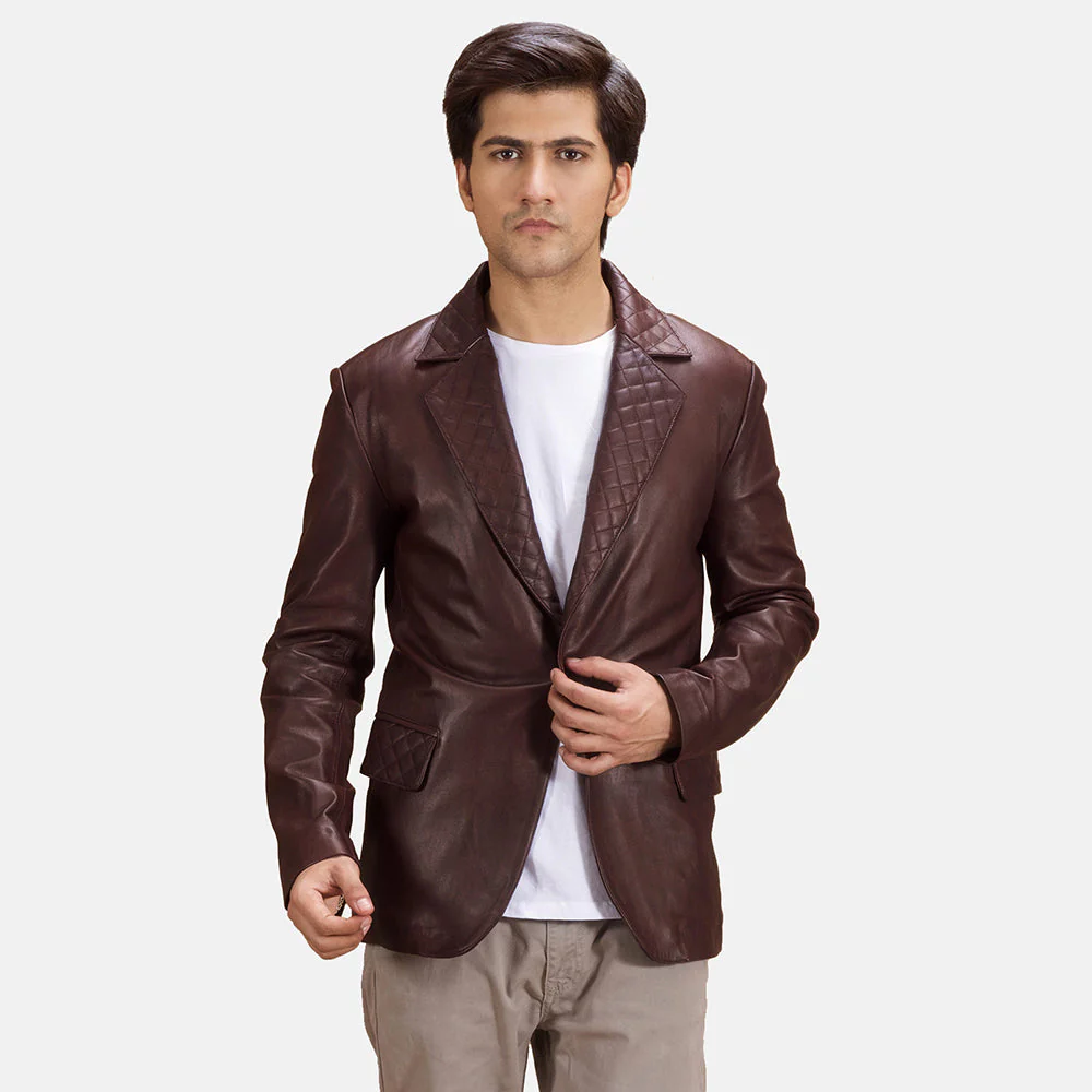 Radaron Men’s Quilted Maroon Leather Blazer | Bold, Luxe & Modern Elegance