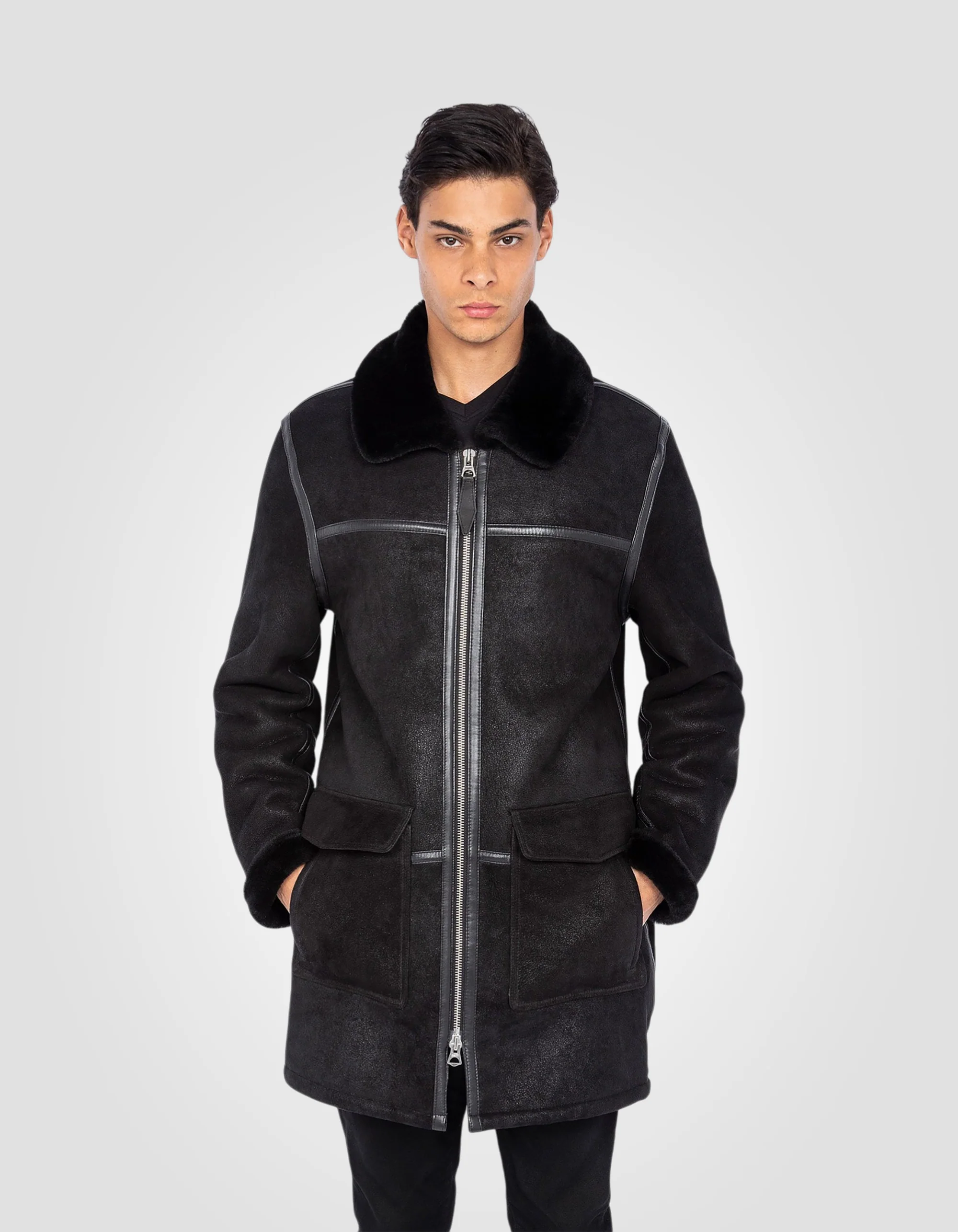 Men Black Long Double-Faced Sheepskin Coat