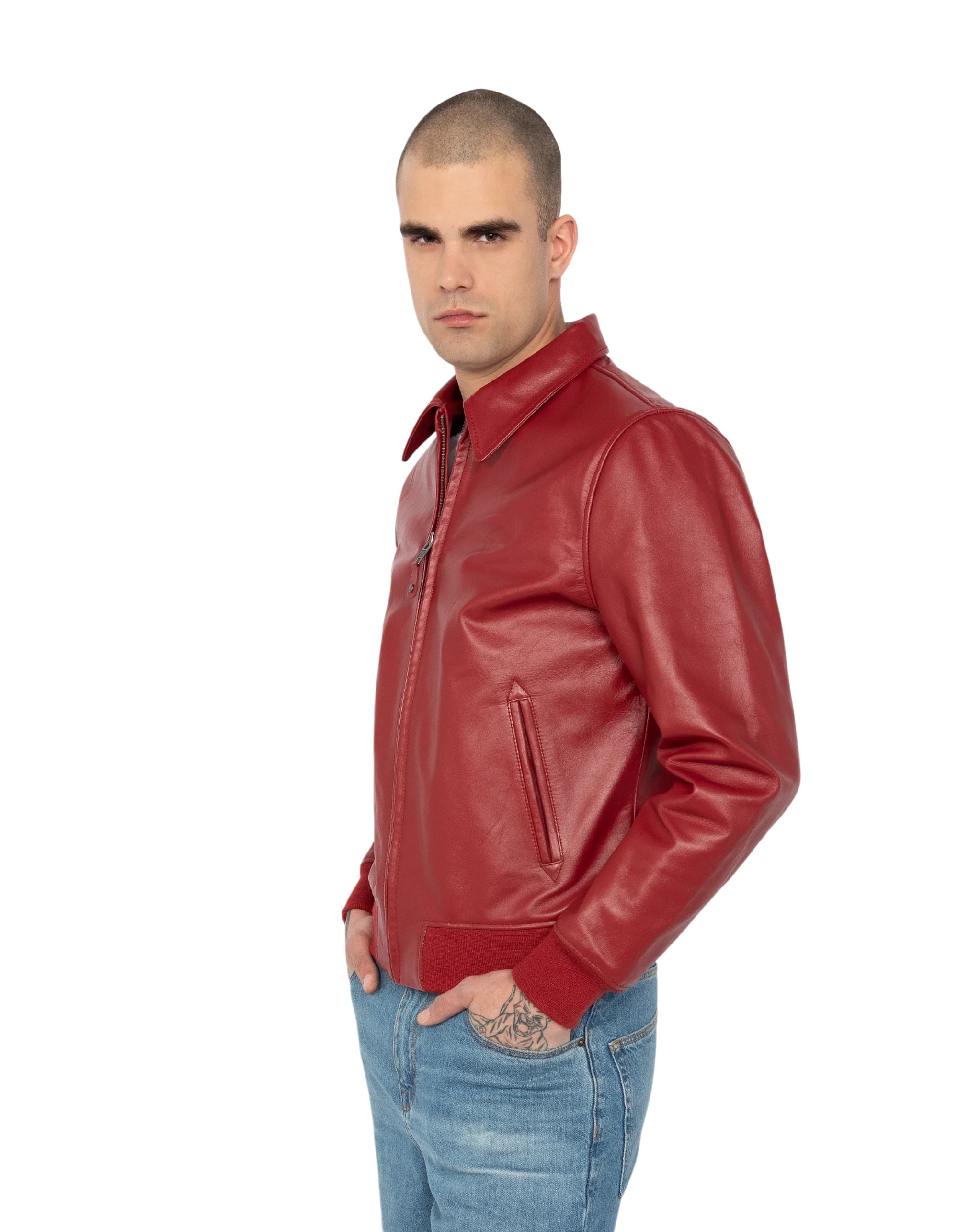 Light Red Cowhide Casual Leather Jacket