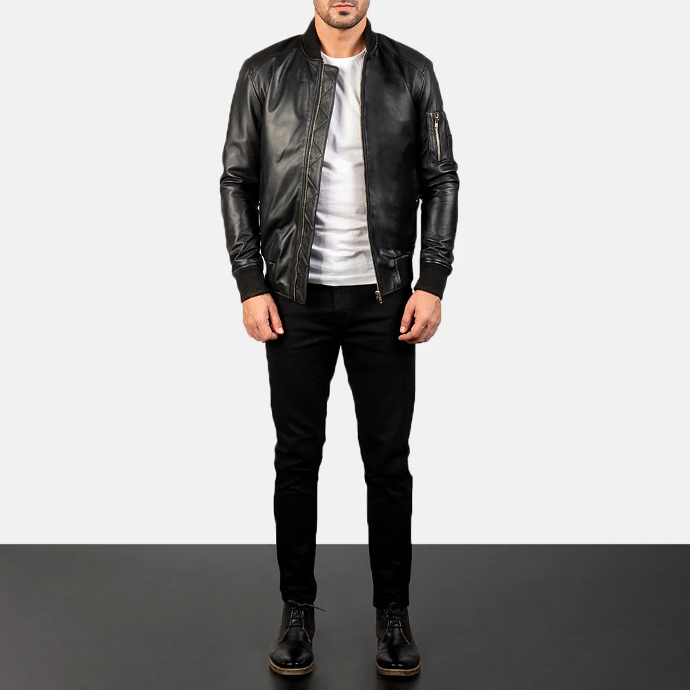 Men’s Black Leather Bomber Jacket | Bold, Stylish & Premium Craftsmanship