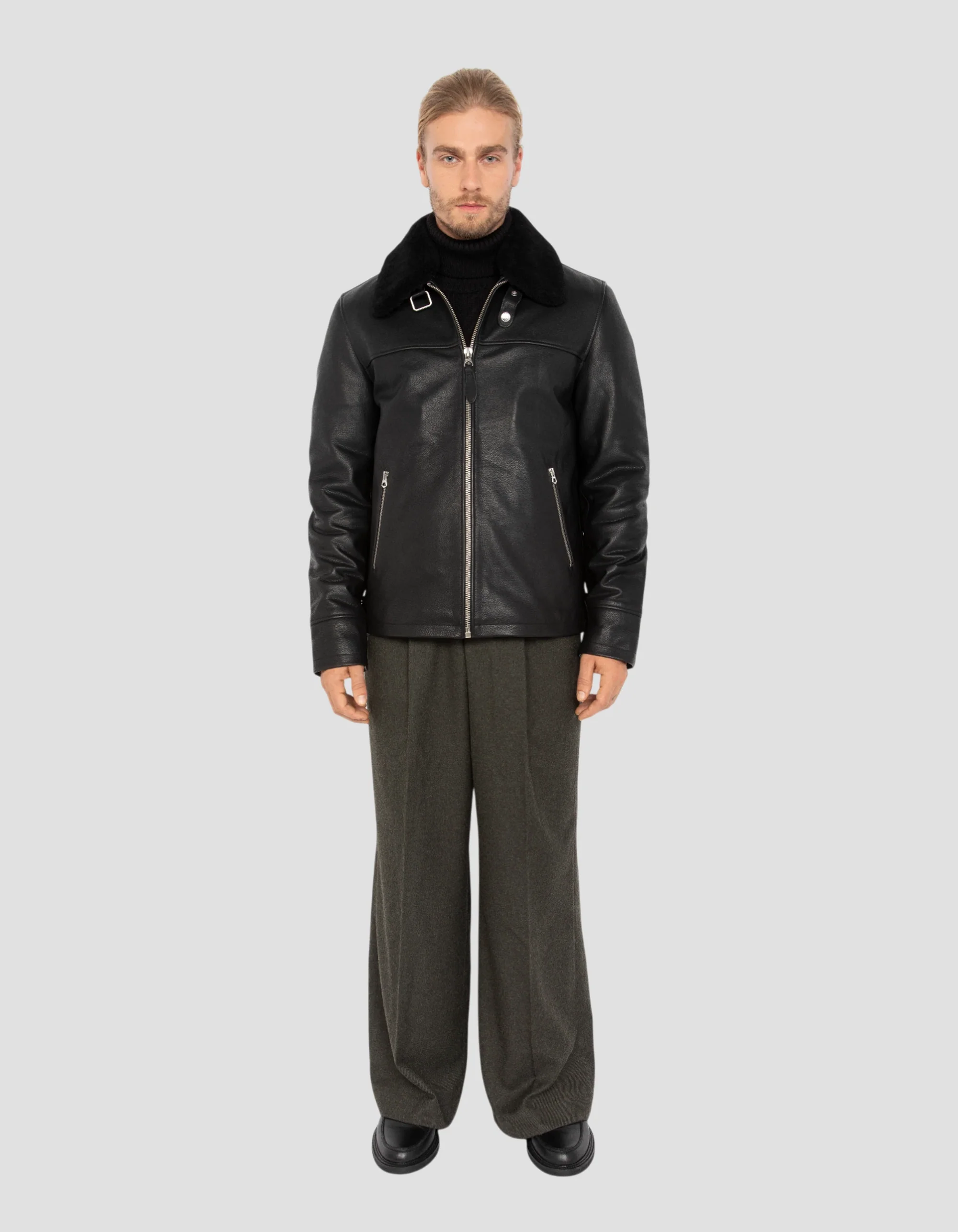 Casual Black Cowhide Jacket with Removable Shearling Collar