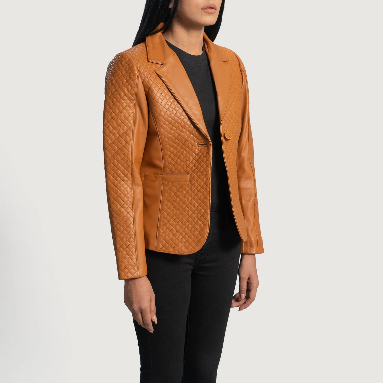 Women’s Quilted Brown Real Leather Blazer | Elegant, Structured & Timeless