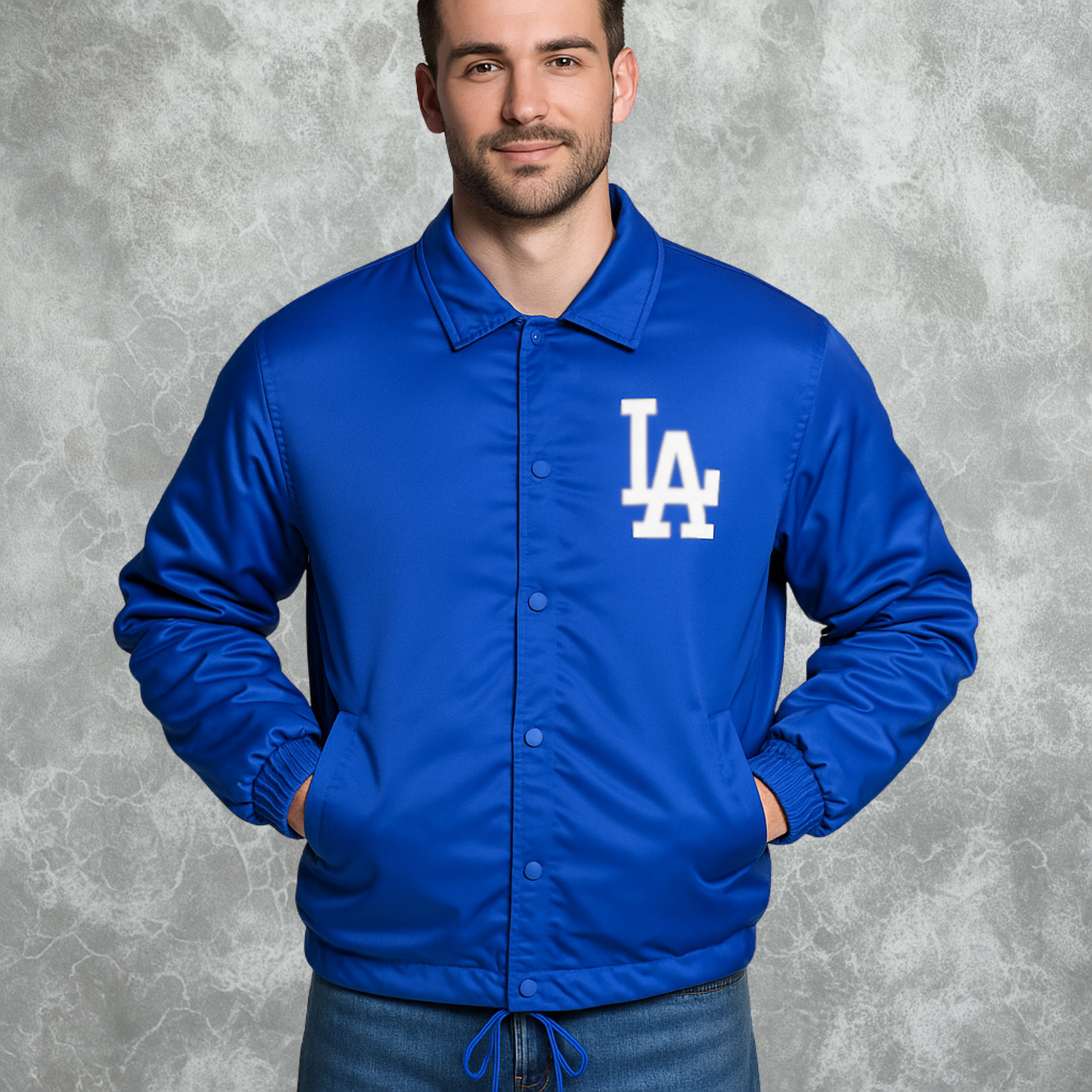 LA Dodgers Inspired Vintage Logo Royal Lightweight Satin Jacket For Men