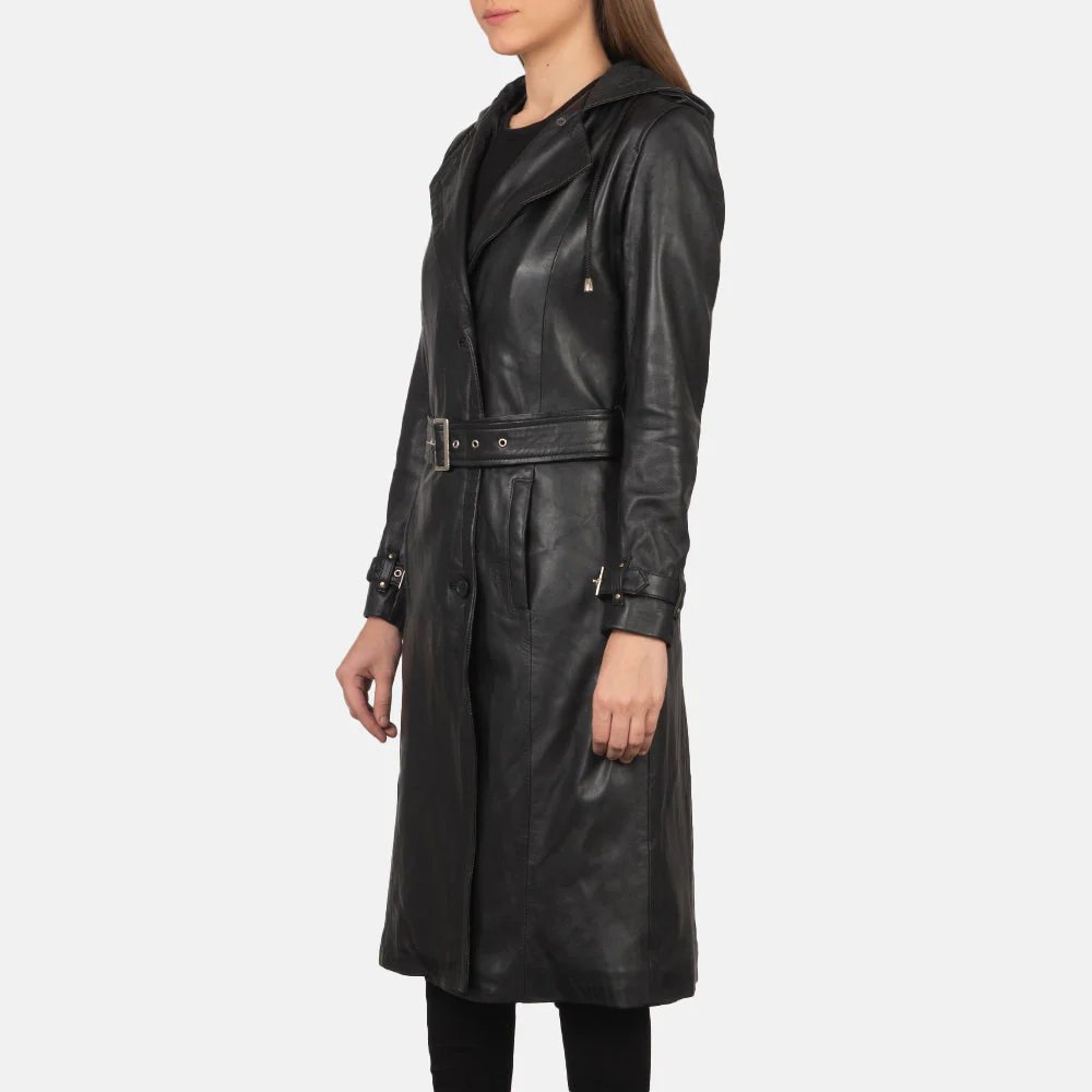 Women’s Hooded Black Real Leather Trench Coat | Chic, Versatile & Timeless