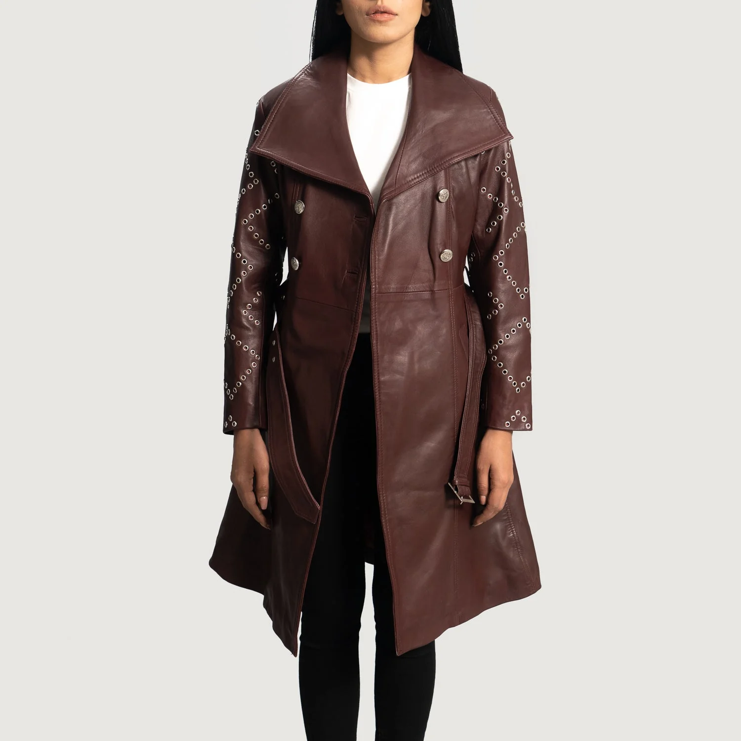 Women’s Maroon Real Leather Trench Coat | Bold, Elegant & Timeless