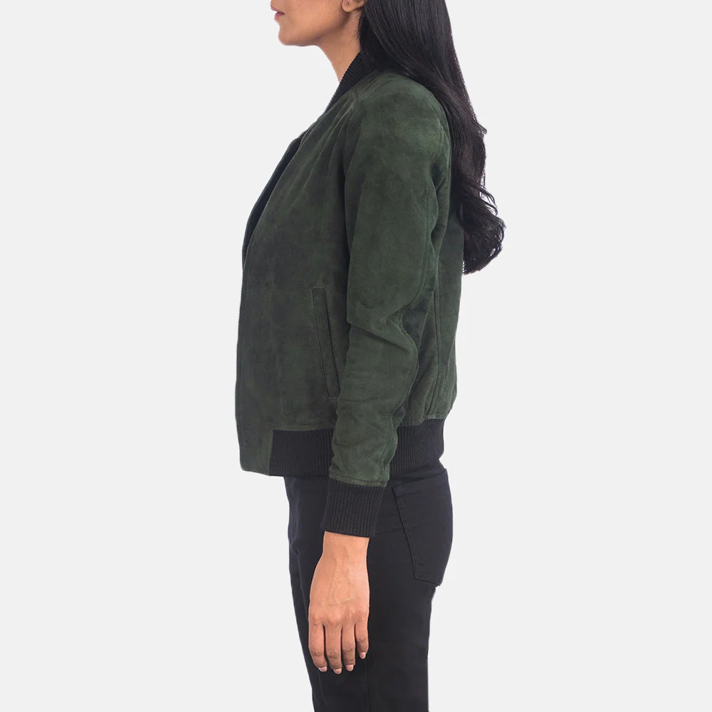 Bliss Women’s Green Suede Bomber Jacket | Chic, Cozy & Bold