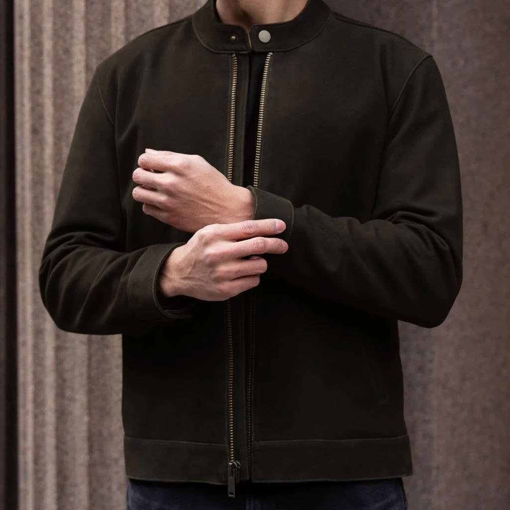 Men’s Dark Olive Suede Leather Racer Jacket | Sleek, Premium & Timeless