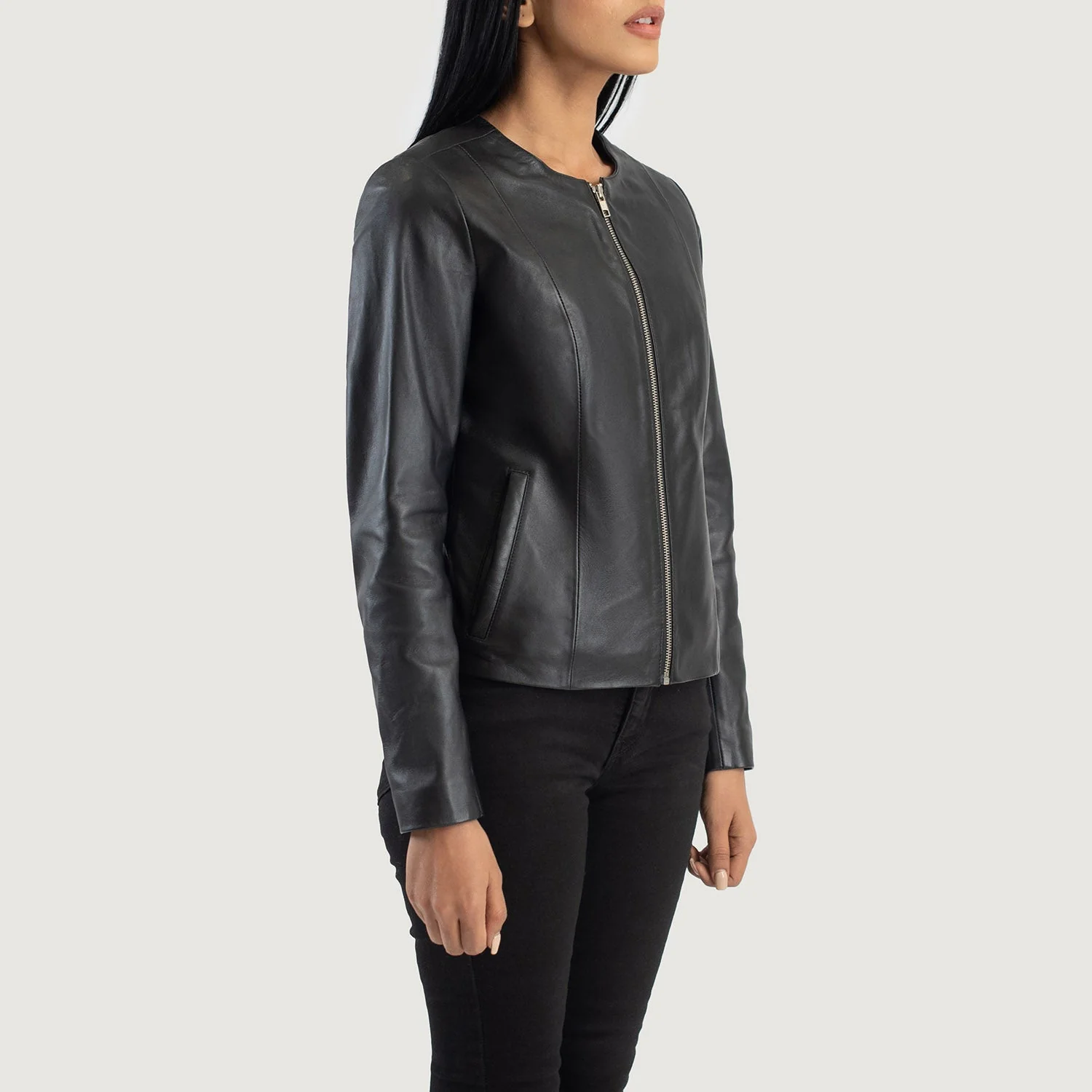 Elixir Ultimate Black Collarless Women Leather Jacket