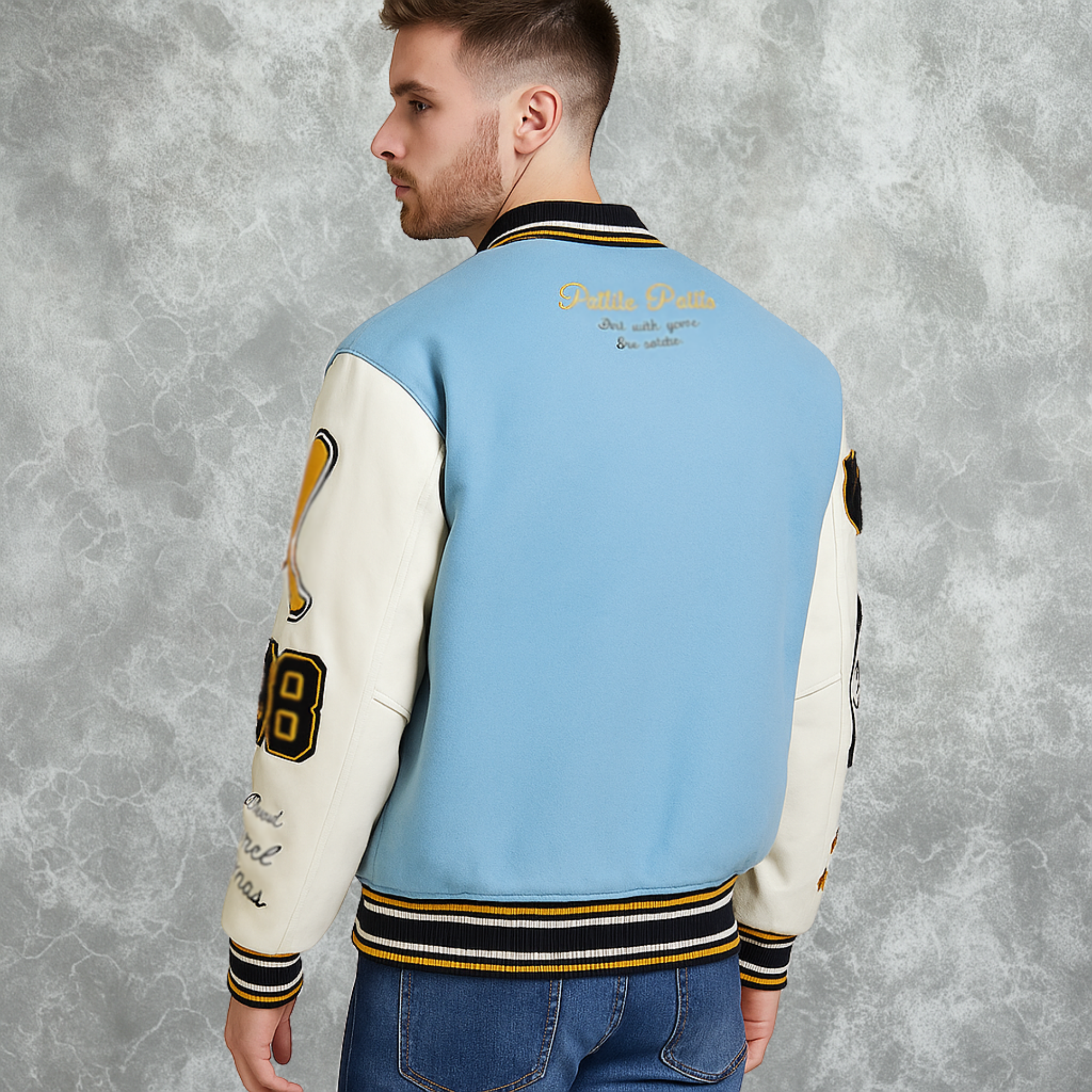Blue and White Pelle Pelle World Famous Inspired Varsity Jacket For Men