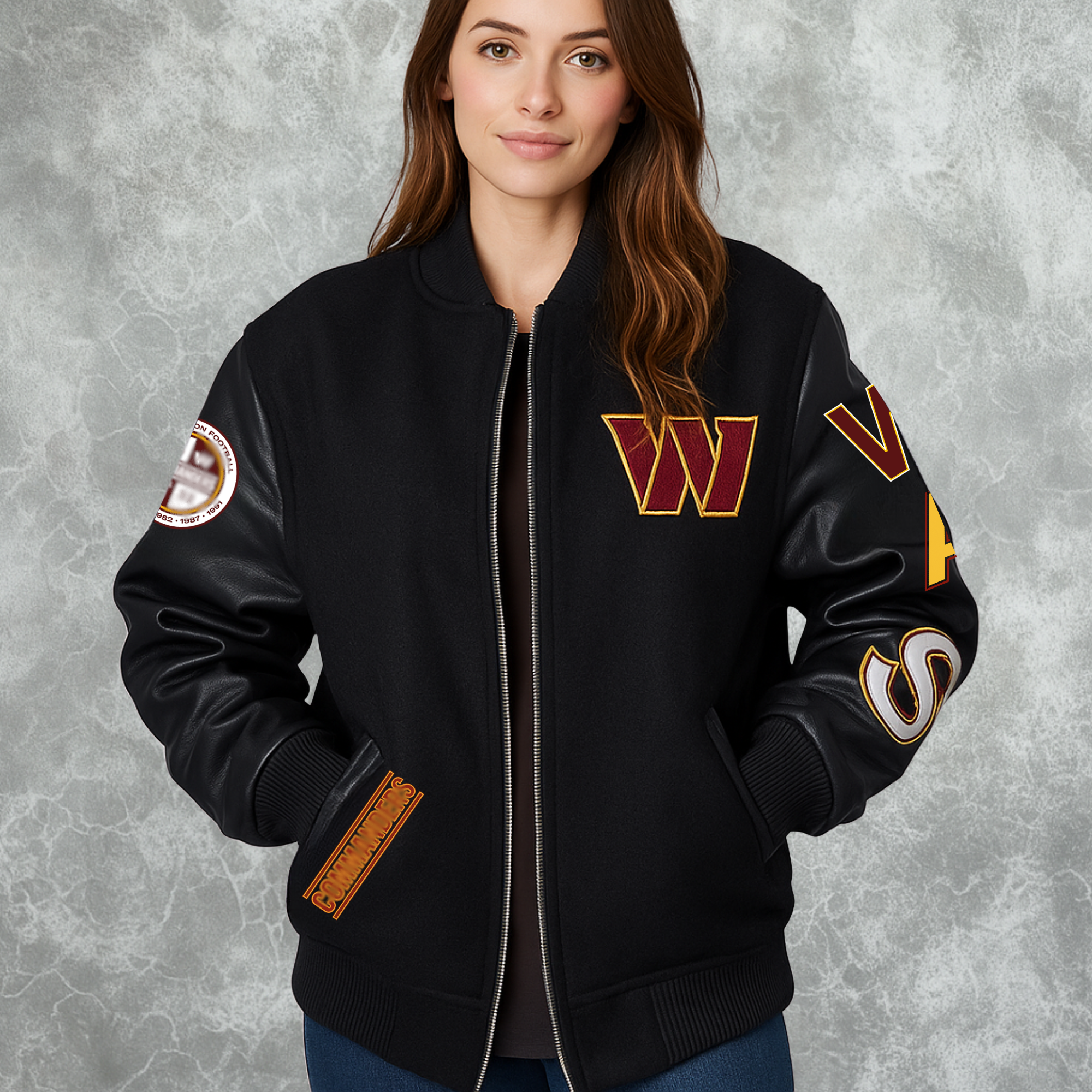  Washington Commanders Black Letterman Jacket For Women