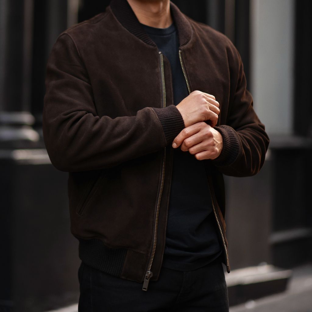Men’s Dark Grey Suede Leather Bomber Jacket | Modern Fit, Timeless Style