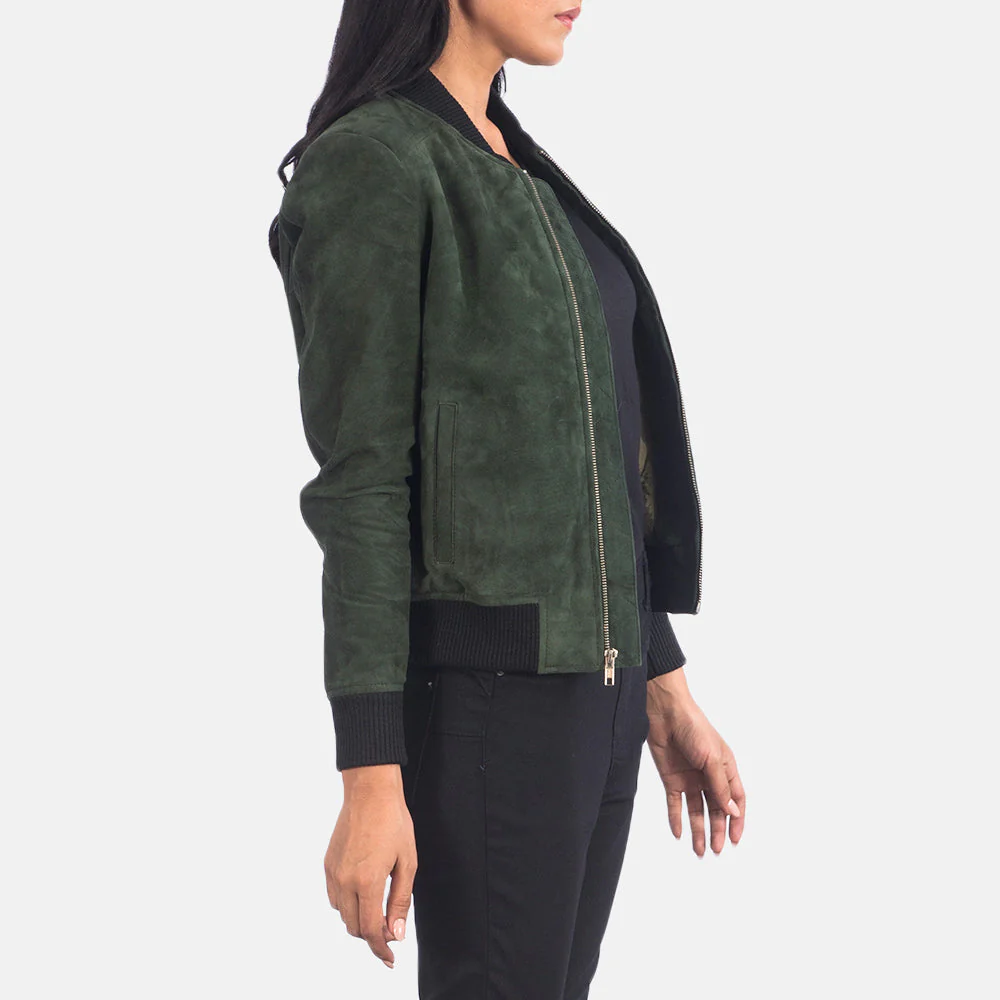 Bliss Women’s Green Suede Bomber Jacket | Chic, Cozy & Bold